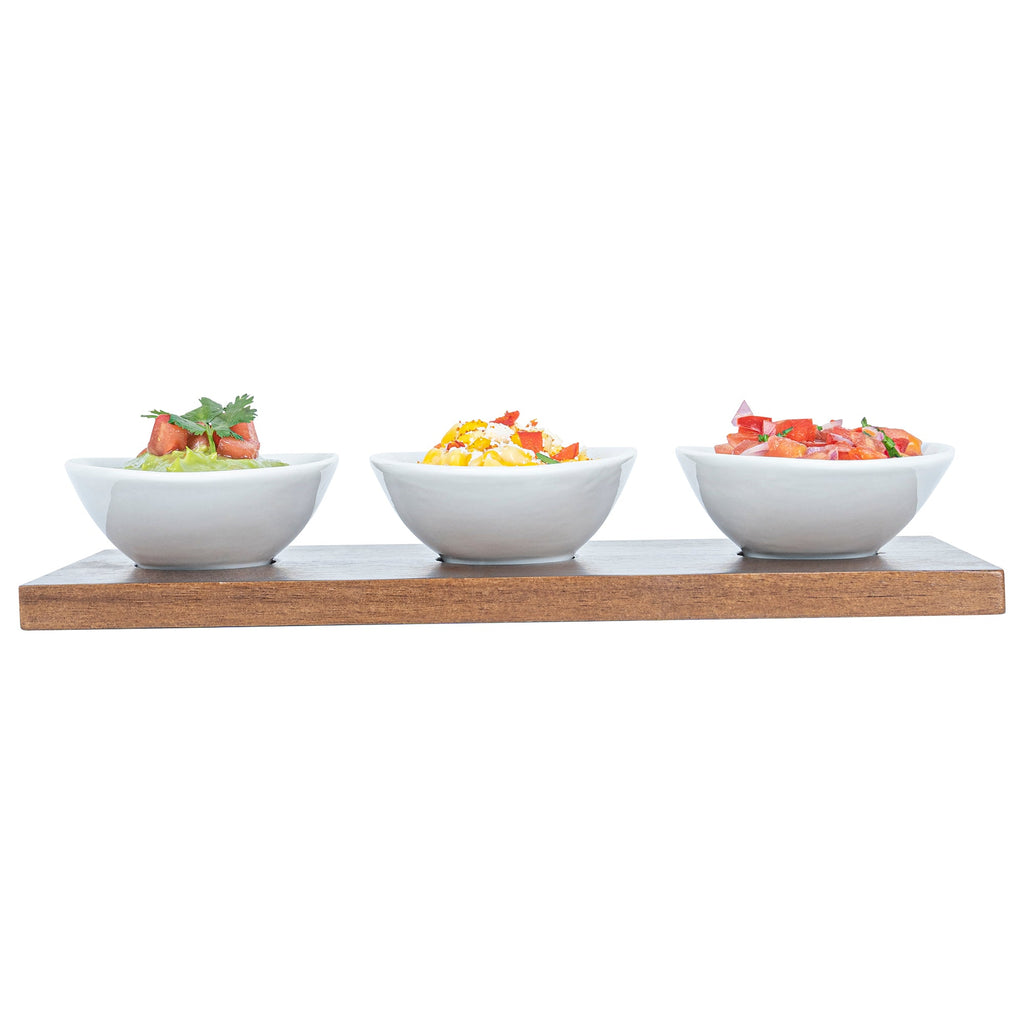 Chef 101 9 oz Rectangle White Porcelain Ellipse Bowl Set - 3 Bowls, Bamboo Tray - 10 1/4" x 5 1/2" x 1 1/2" - 1 count box