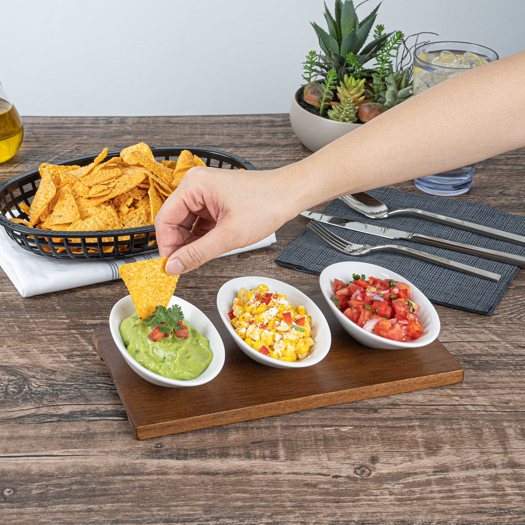 Chef 101 9 oz Rectangle White Porcelain Ellipse Bowl Set - 3 Bowls, Bamboo Tray - 10 1/4" x 5 1/2" x 1 1/2" - 1 count box