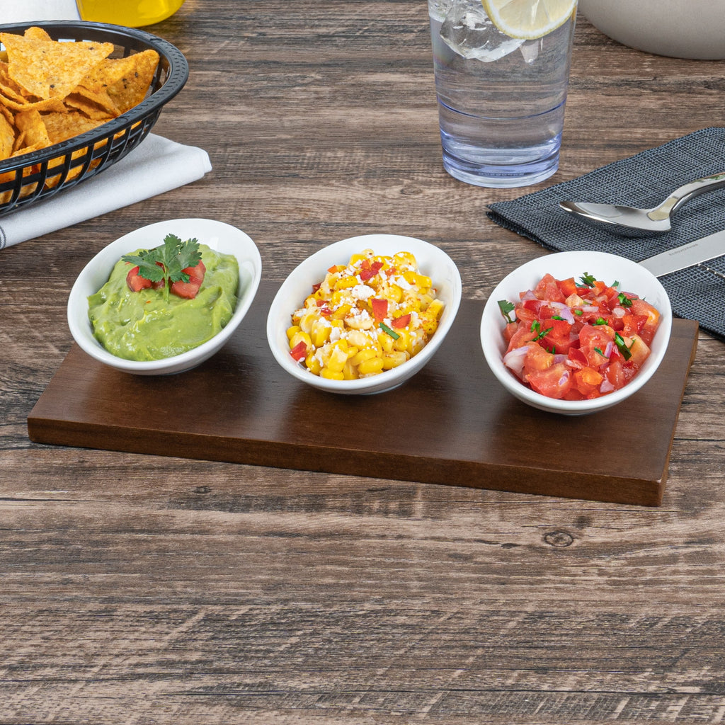 Chef 101 9 oz Rectangle White Porcelain Ellipse Bowl Set - 3 Bowls, Bamboo Tray - 10 1/4" x 5 1/2" x 1 1/2" - 1 count box