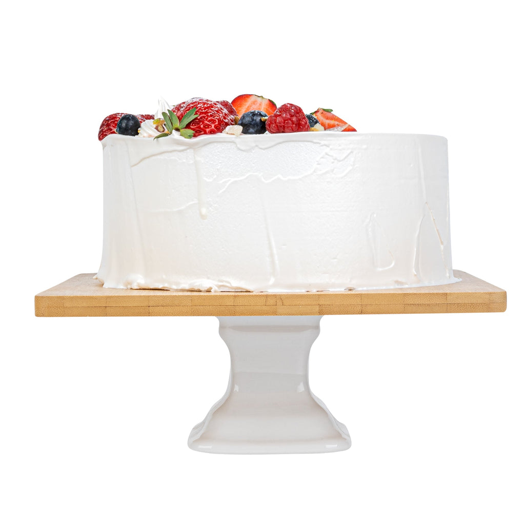 Chef 101 Hamptons Square Bamboo Serving Stand - with Porcelain Base - 9 3/4" x 9 3/4" x 4" - 1 count box
