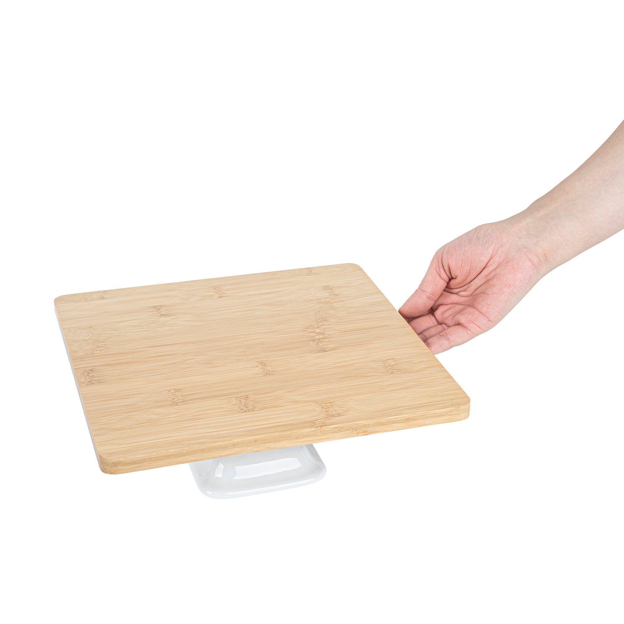 Chef 101 Hamptons Square Bamboo Serving Stand - with Porcelain Base - 9 3/4" x 9 3/4" x 4" - 1 count box