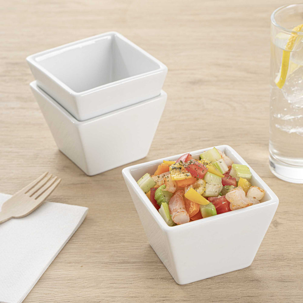 Chef 101 6 oz Square White Porcelain Kova Bowl - 3 1/2" x 3 1/2" x 2 1/2" - 10 count box