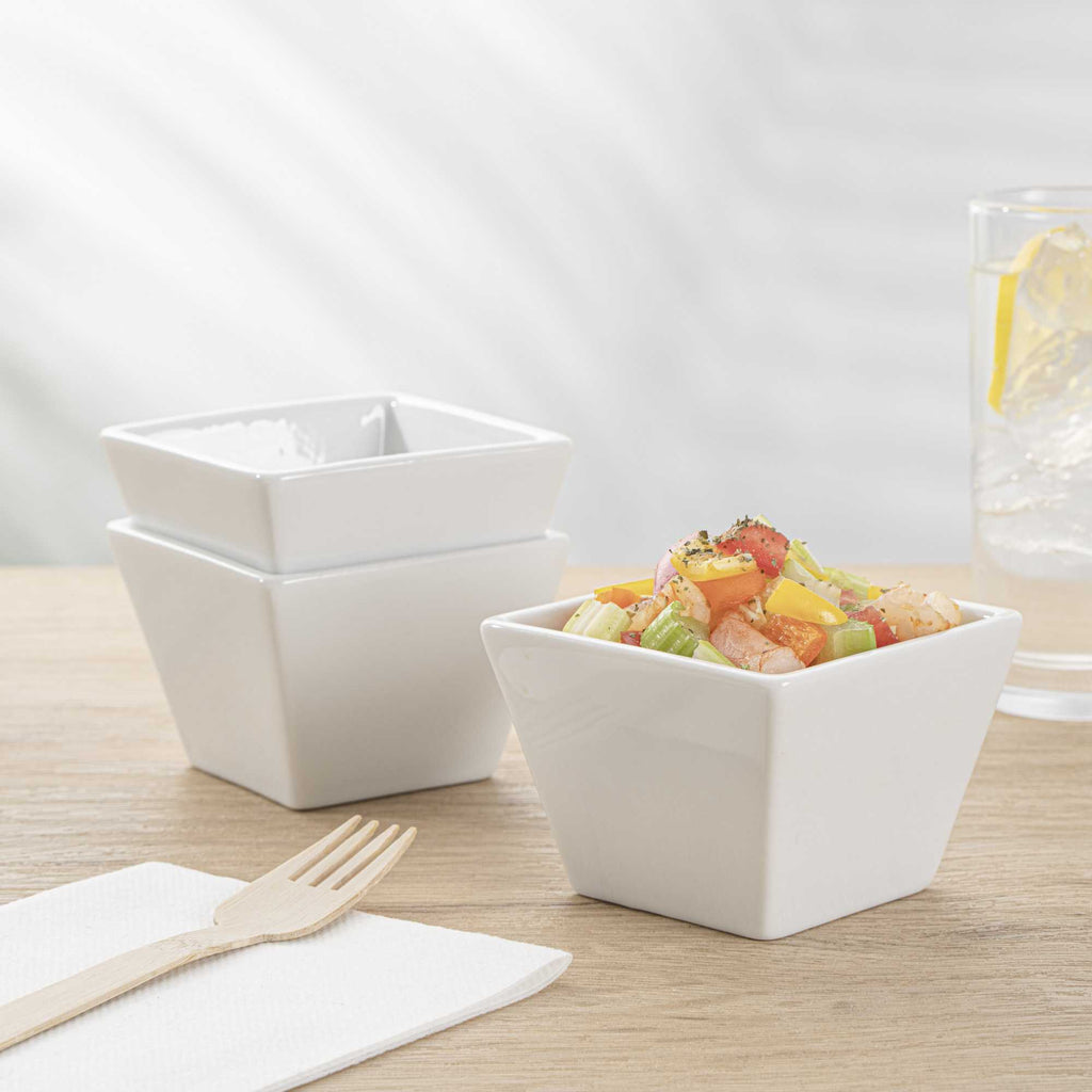 Chef 101 6 oz Square White Porcelain Kova Bowl - 3 1/2" x 3 1/2" x 2 1/2" - 10 count box