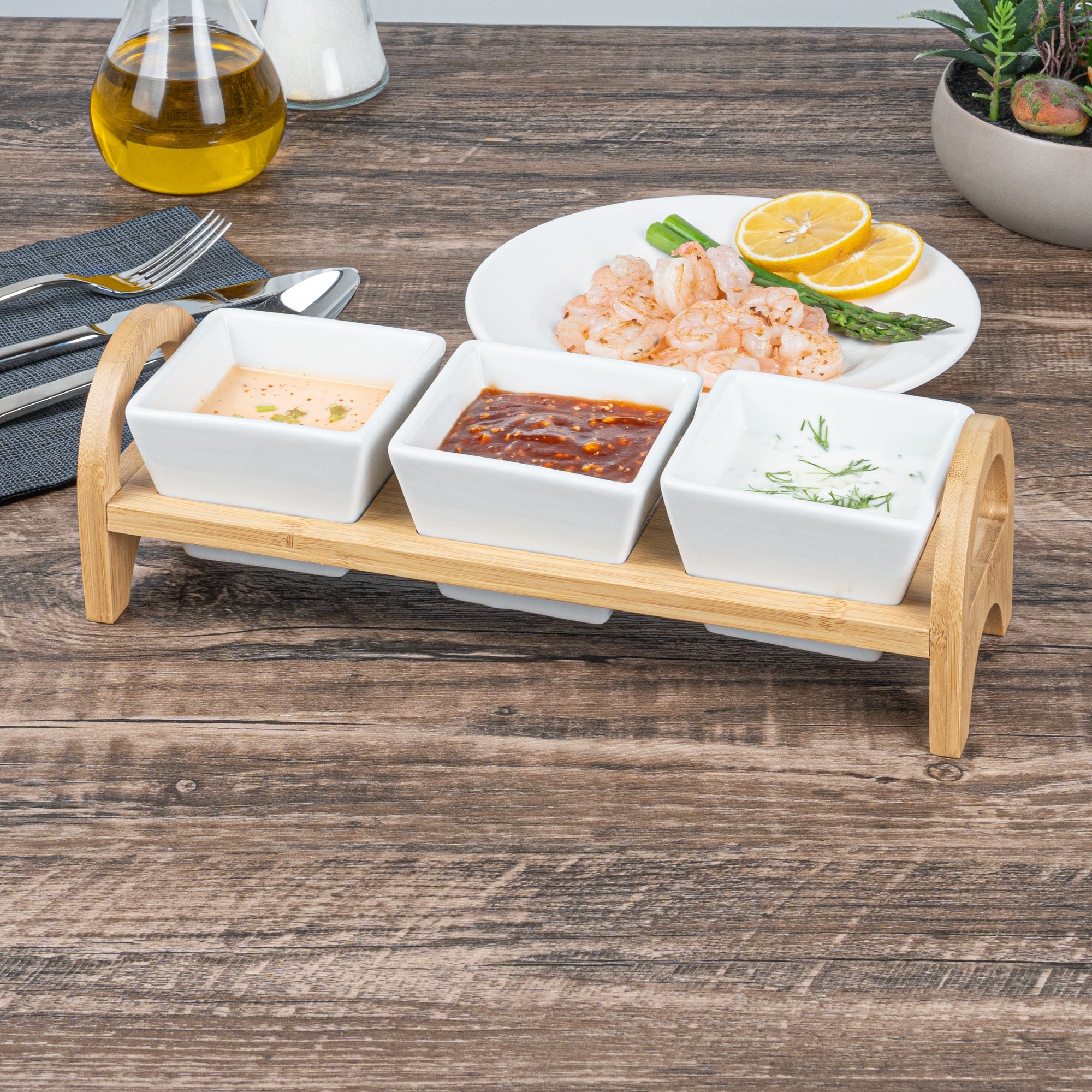 Chef 101 21 oz Rectangle White Porcelain Kova Bowl Set - 3 Bowls, Bamboo Tray - 12" x 3 3/4" x 3 1/2" - 1 count box