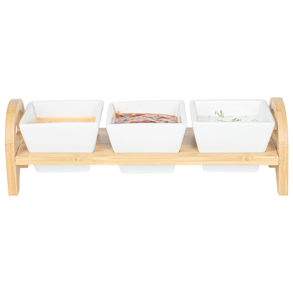 Chef 101 21 oz Rectangle White Porcelain Kova Bowl Set - 3 Bowls, Bamboo Tray - 12" x 3 3/4" x 3 1/2" - 1 count box