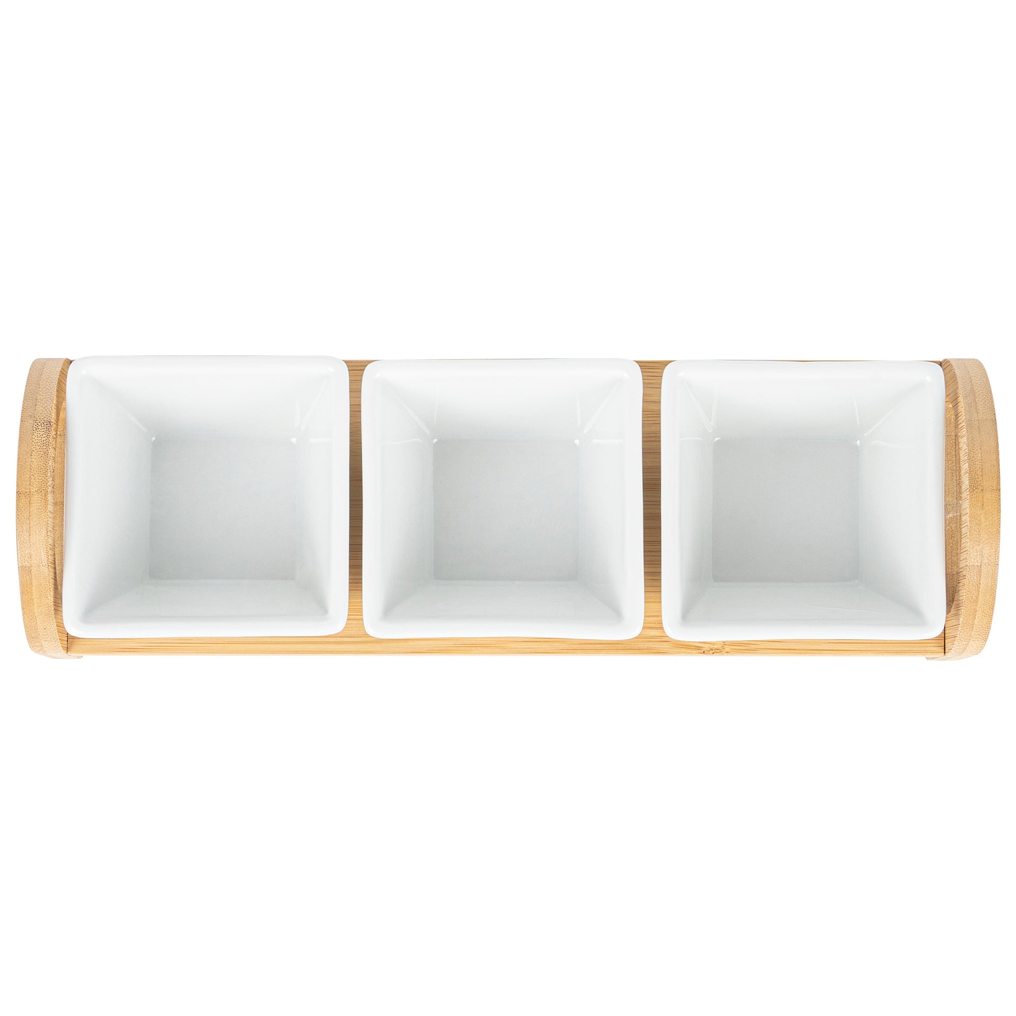 Chef 101 21 oz Rectangle White Porcelain Kova Bowl Set - 3 Bowls, Bamboo Tray - 12" x 3 3/4" x 3 1/2" - 1 count box