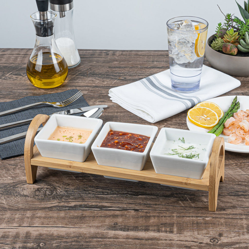 Chef 101 21 oz Rectangle White Porcelain Kova Bowl Set - 3 Bowls, Bamboo Tray - 12" x 3 3/4" x 3 1/2" - 1 count box
