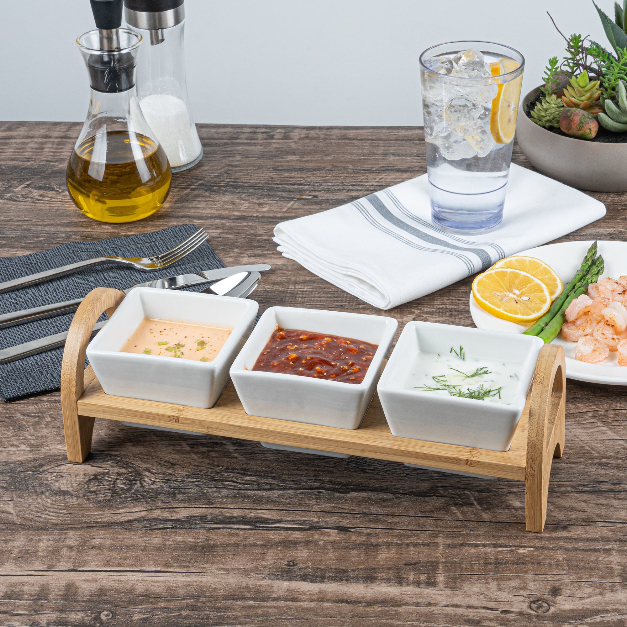 Chef 101 21 oz Rectangle White Porcelain Kova Bowl Set - 3 Bowls, Bamboo Tray - 12" x 3 3/4" x 3 1/2" - 1 count box