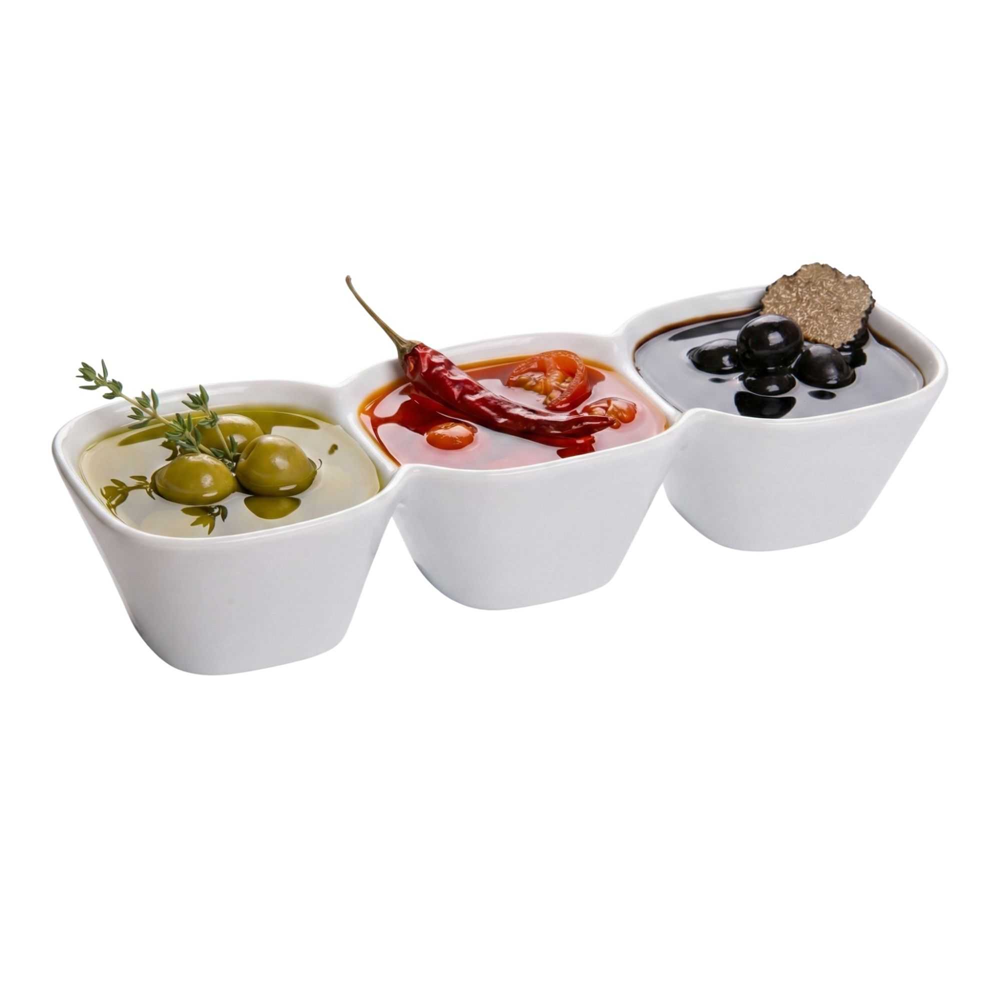 Chef 101 18 oz Square White Porcelain Triplets Convex Bowl Set - 9 1/2" x 3 1/2" x 2" - 1 count box