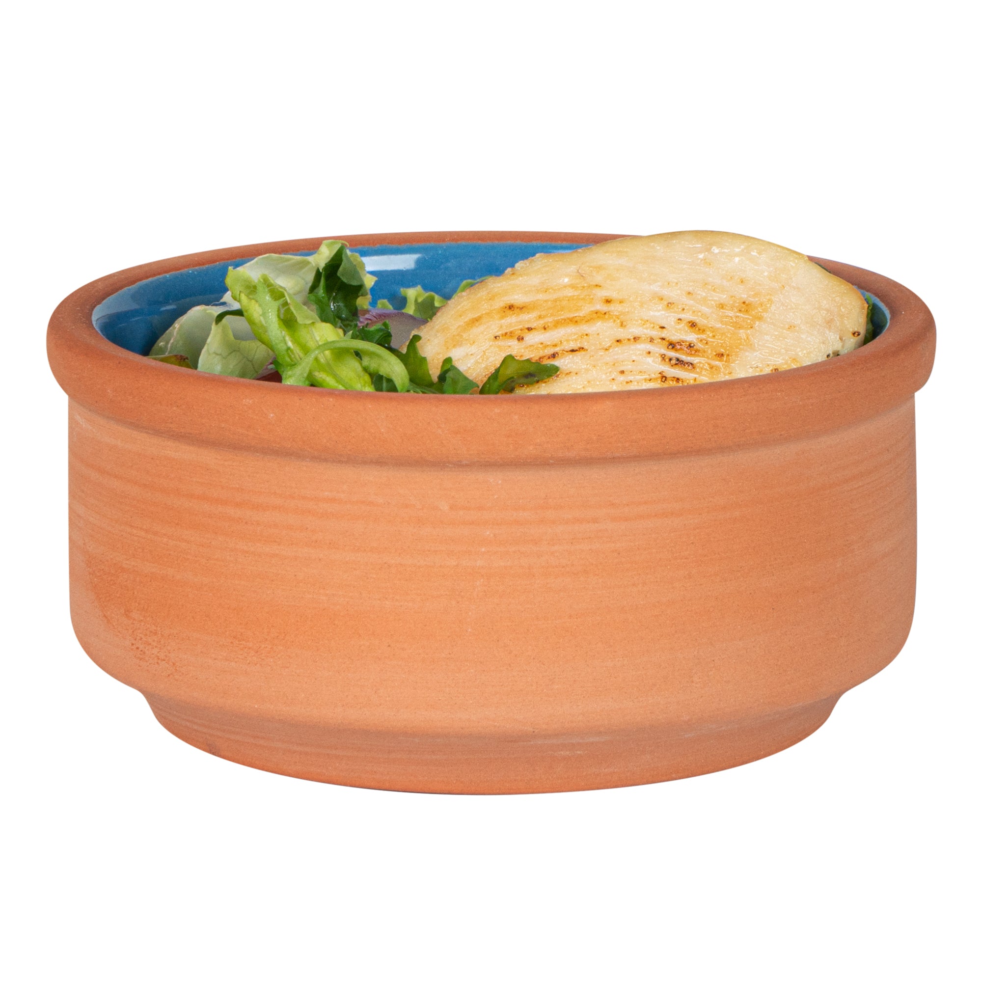 Terra Tek 3 oz Terracotta Cazuela Bowl - Blue Glazed Interior, Oven-Safe, Microwave-Safe - 3 1/4'' x 3 1/4'' x 1 1/2'' - 2 count box