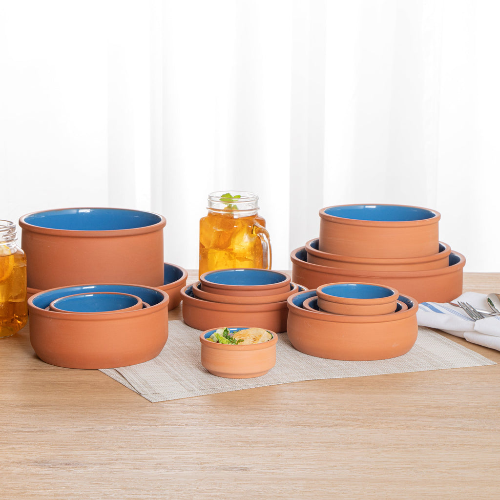 Terra Tek 3 oz Terracotta Cazuela Bowl - Blue Glazed Interior, Oven-Safe, Microwave-Safe - 3 1/4'' x 3 1/4'' x 1 1/2'' - 2 count box
