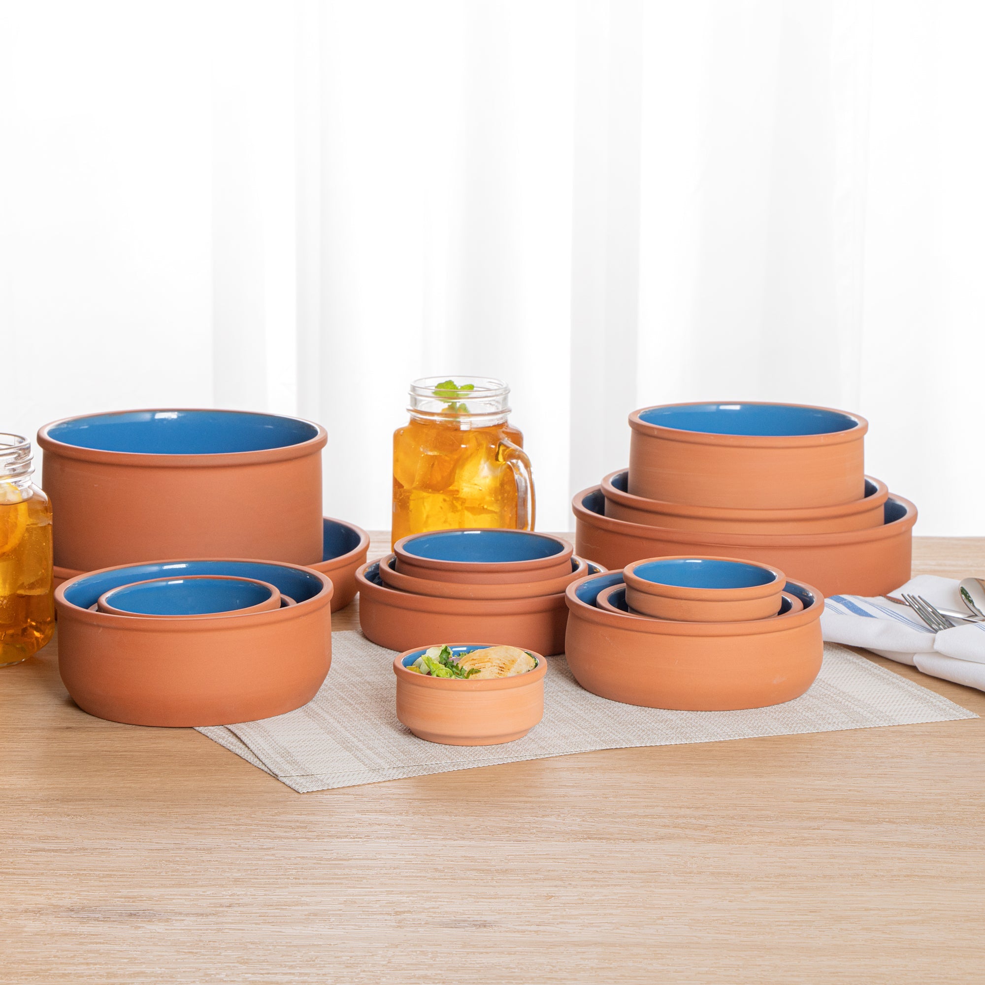 Terra Tek 3 oz Terracotta Cazuela Bowl - Blue Glazed Interior, Oven-Safe, Microwave-Safe - 3 1/4'' x 3 1/4'' x 1 1/2'' - 2 count box