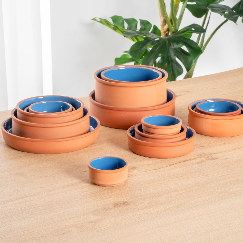 Terra Tek 3 oz Terracotta Cazuela Bowl - Blue Glazed Interior, Oven-Safe, Microwave-Safe - 3 1/4'' x 3 1/4'' x 1 1/2'' - 2 count box