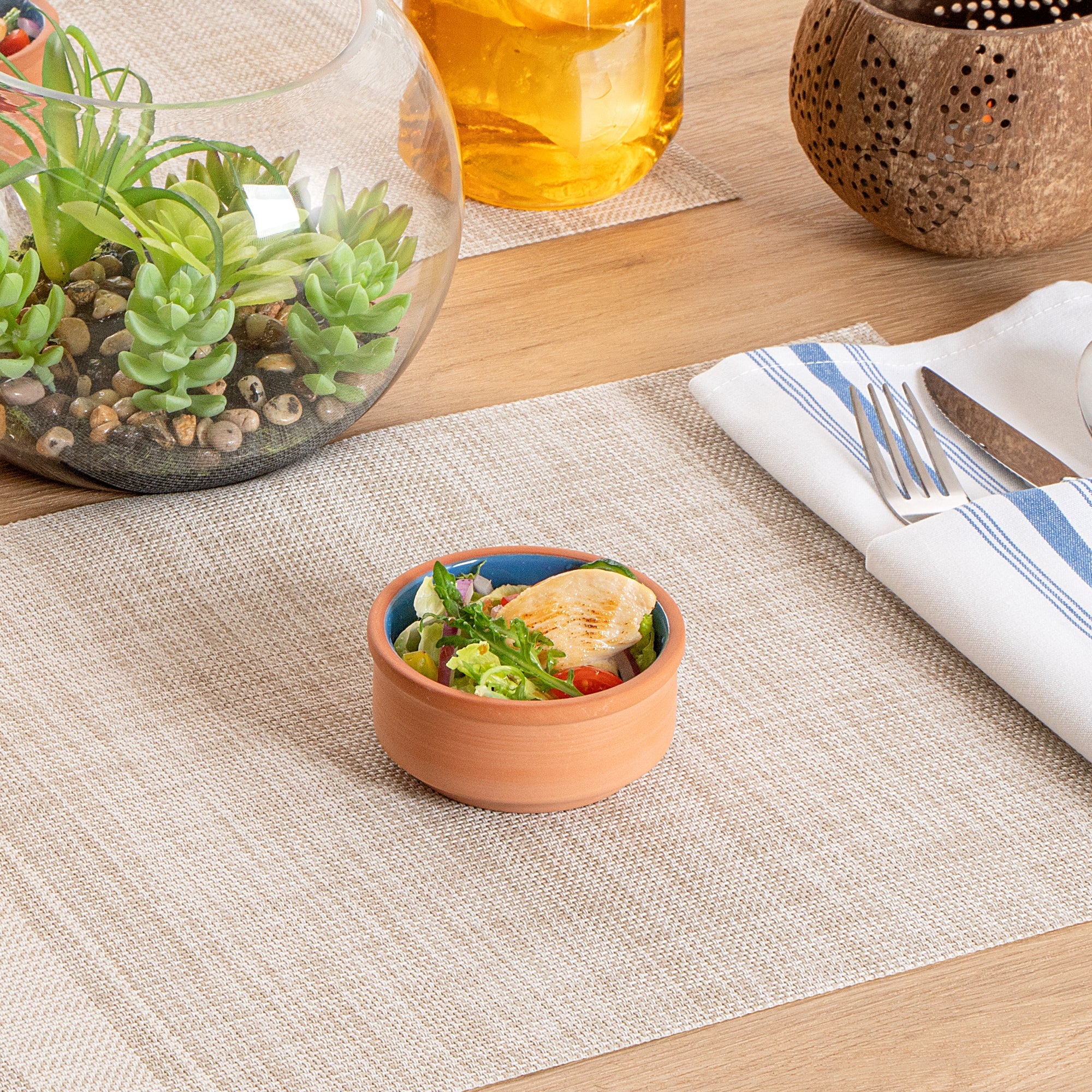 Terra Tek 3 oz Terracotta Cazuela Bowl - Blue Glazed Interior, Oven-Safe, Microwave-Safe - 3 1/4'' x 3 1/4'' x 1 1/2'' - 10 count box