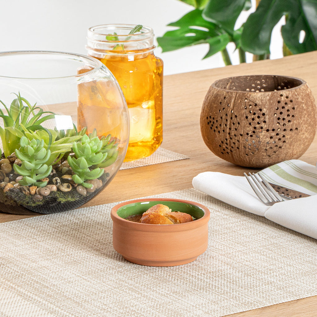 Terra Tek 3 oz Terracotta Cazuela Bowl - Green Glazed Interior, Oven-Safe, Microwave-Safe - 3 1/4'' x 3 1/4'' x 1 1/2'' - 2 count box