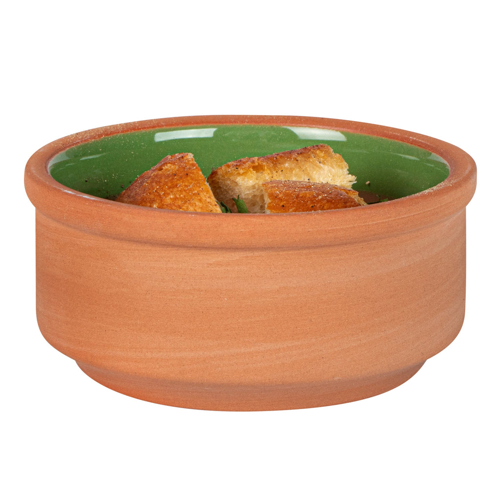 Terra Tek 3 oz Terracotta Cazuela Bowl - Green Glazed Interior, Oven-Safe, Microwave-Safe - 3 1/4'' x 3 1/4'' x 1 1/2'' - 10 count box