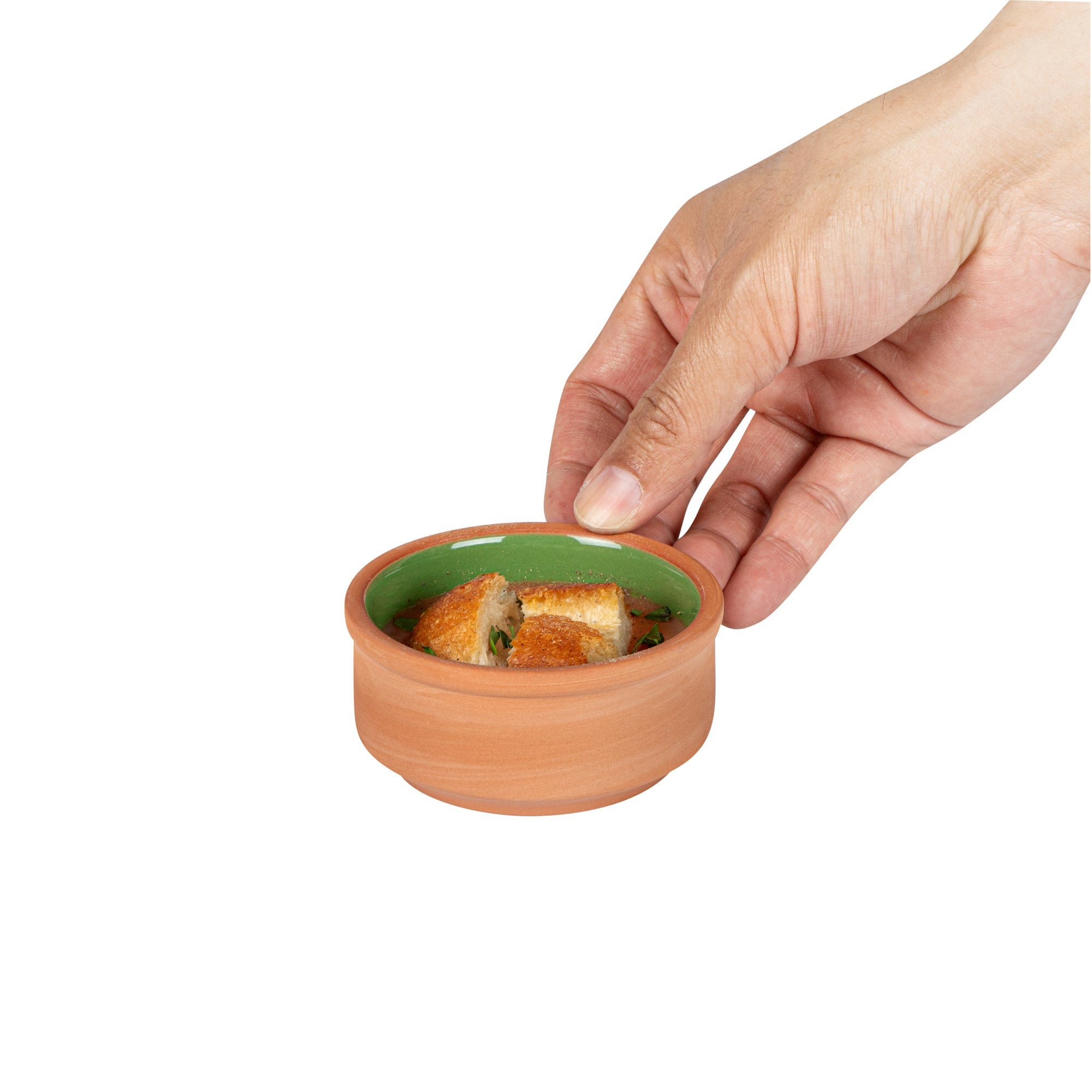 Terra Tek 3 oz Terracotta Cazuela Bowl - Green Glazed Interior, Oven-Safe, Microwave-Safe - 3 1/4'' x 3 1/4'' x 1 1/2'' - 10 count box