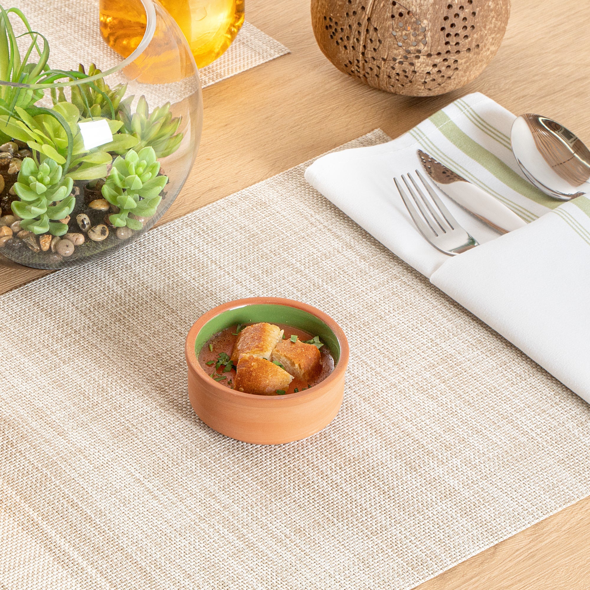 Terra Tek 3 oz Terracotta Cazuela Bowl - Green Glazed Interior, Oven-Safe, Microwave-Safe - 3 1/4'' x 3 1/4'' x 1 1/2'' - 10 count box