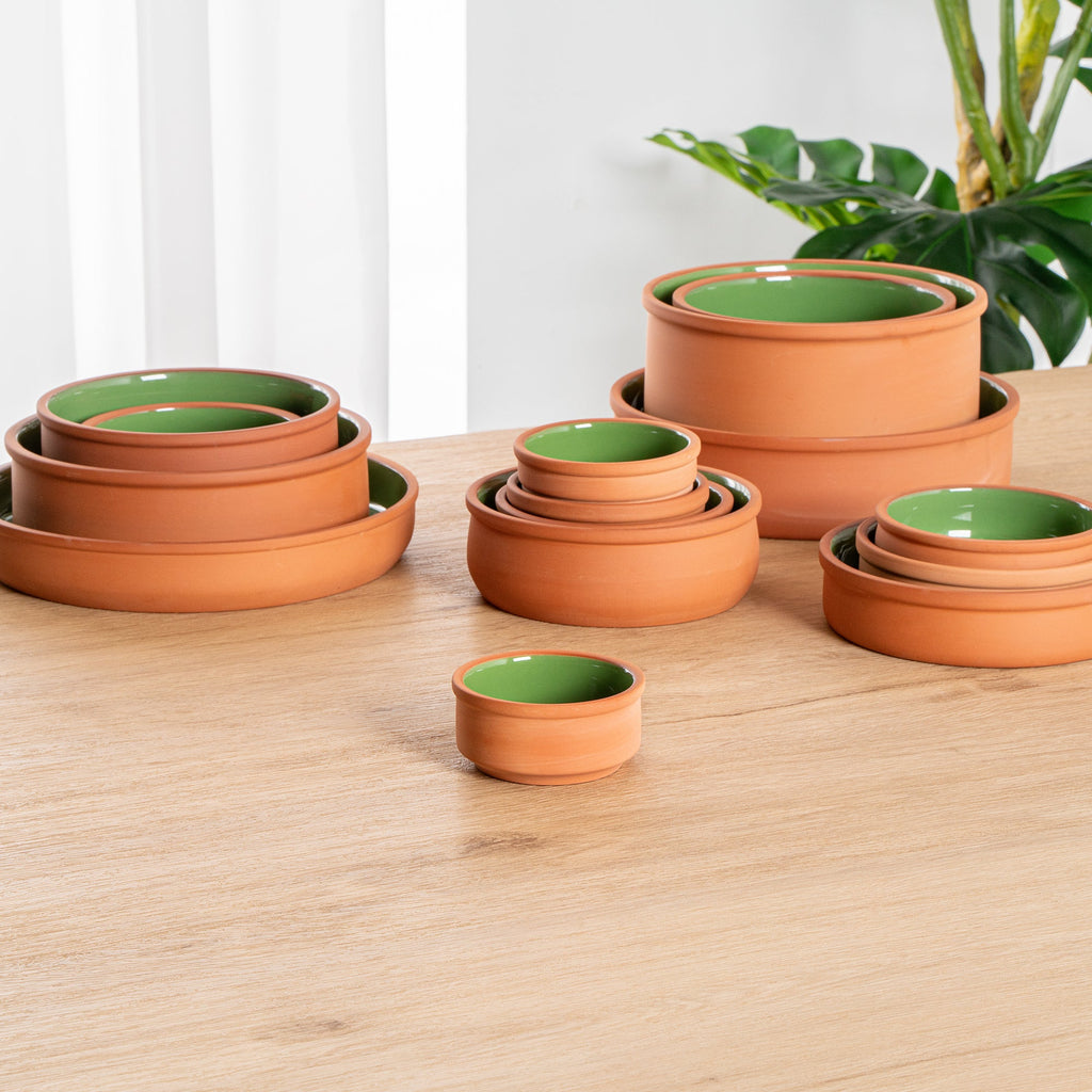 Terra Tek 3 oz Terracotta Cazuela Bowl - Green Glazed Interior, Oven-Safe, Microwave-Safe - 3 1/4'' x 3 1/4'' x 1 1/2'' - 10 count box