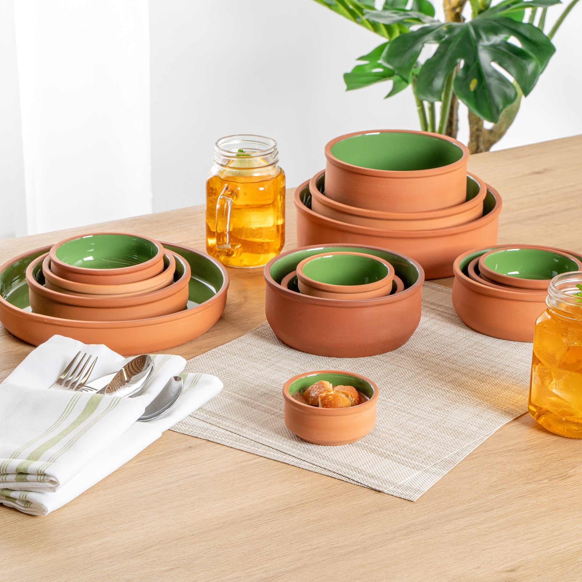 Terra Tek 3 oz Terracotta Cazuela Bowl - Green Glazed Interior, Oven-Safe, Microwave-Safe - 3 1/4'' x 3 1/4'' x 1 1/2'' - 10 count box