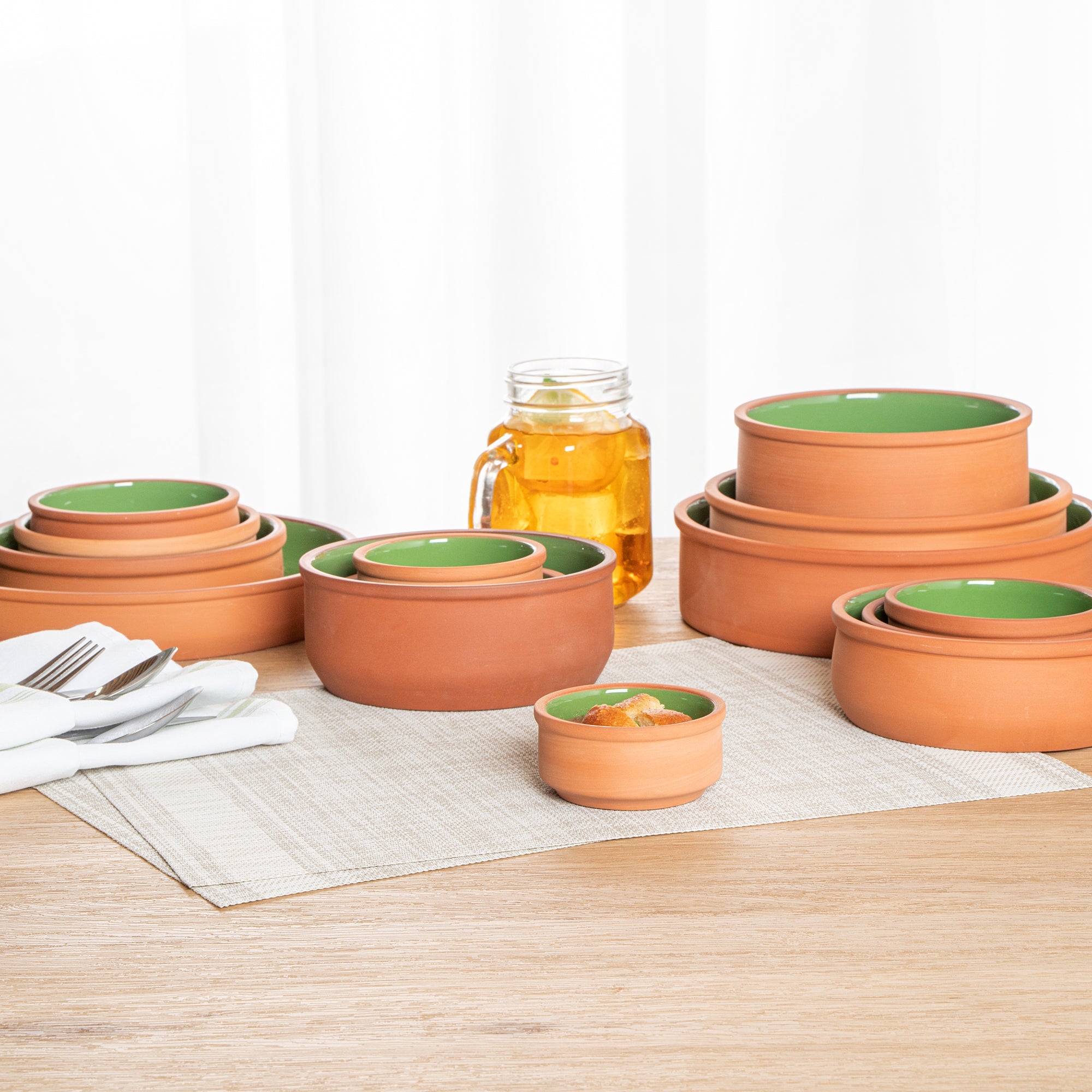 Terra Tek 3 oz Terracotta Cazuela Bowl - Green Glazed Interior, Oven-Safe, Microwave-Safe - 3 1/4'' x 3 1/4'' x 1 1/2'' - 10 count box