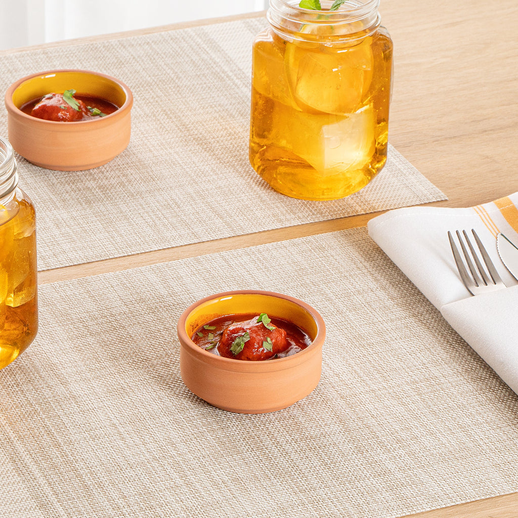 Terra Tek 3 oz Terracotta Cazuela Bowl - Yellow Glazed Interior, Oven-Safe, Microwave-Safe - 3 1/4'' x 3 1/4'' x 1 1/2'' - 2 count box
