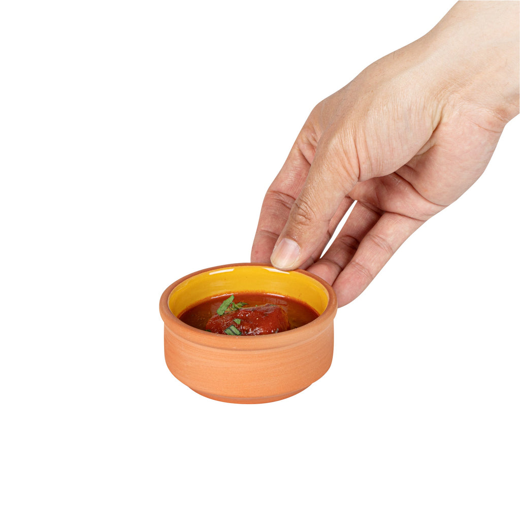 Terra Tek 3 oz Terracotta Cazuela Bowl - Yellow Glazed Interior, Oven-Safe, Microwave-Safe - 3 1/4'' x 3 1/4'' x 1 1/2'' - 2 count box
