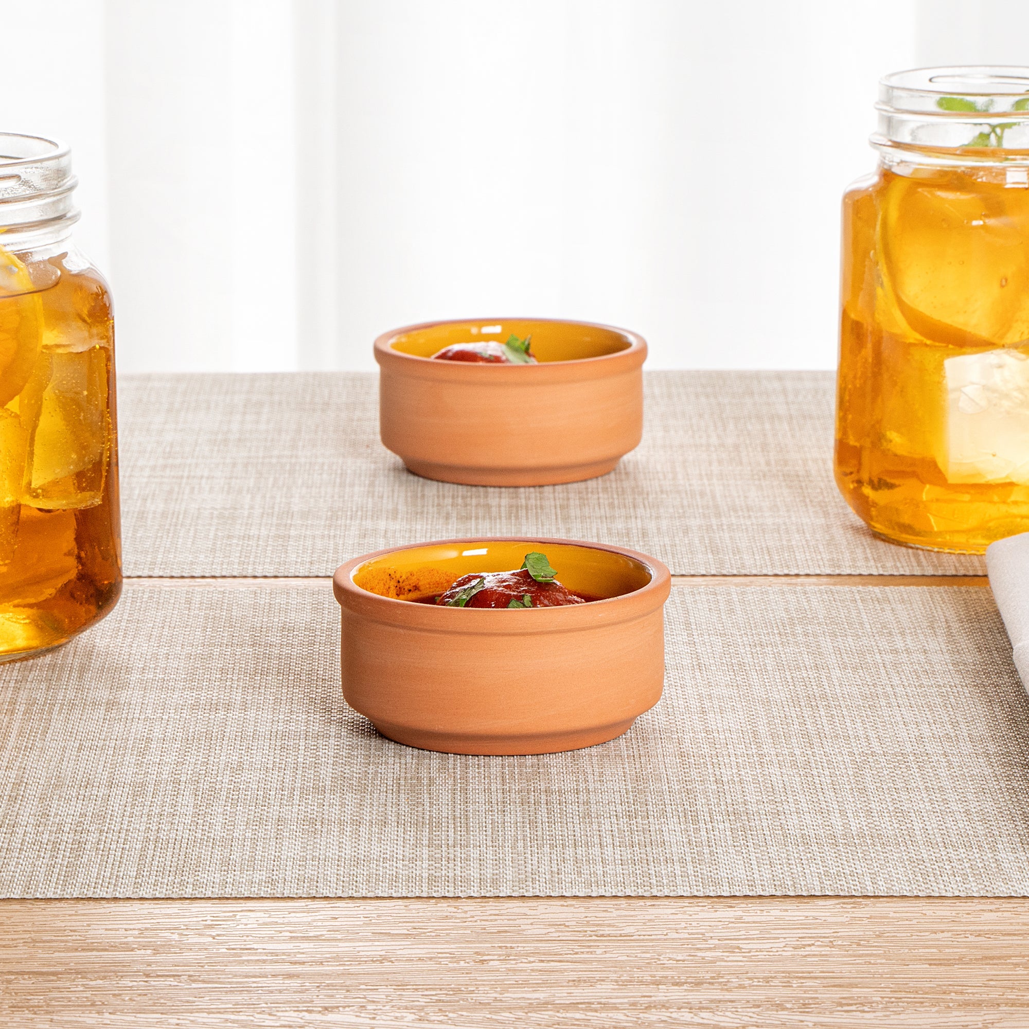 Terra Tek 3 oz Terracotta Cazuela Bowl - Yellow Glazed Interior, Oven-Safe, Microwave-Safe - 3 1/4'' x 3 1/4'' x 1 1/2'' - 2 count box