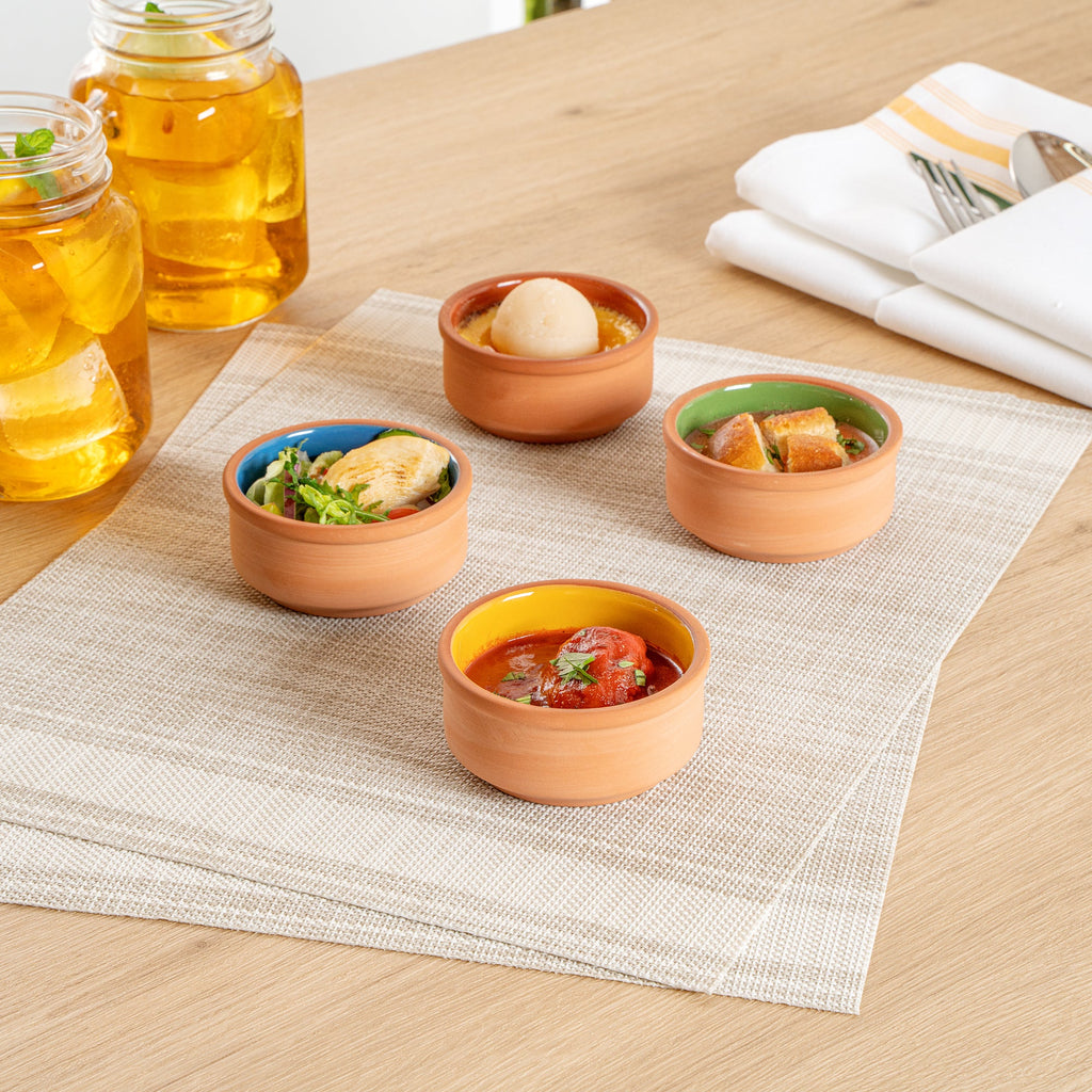 Terra Tek 3 oz Terracotta Cazuela Bowl - Yellow Glazed Interior, Oven-Safe, Microwave-Safe - 3 1/4'' x 3 1/4'' x 1 1/2'' - 2 count box