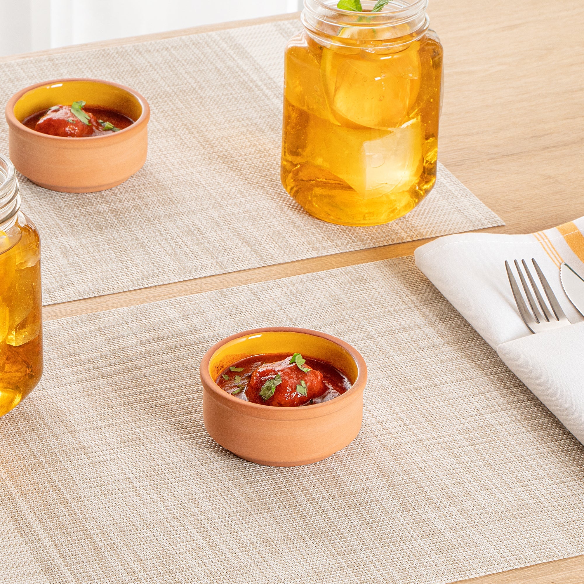 Terra Tek 3 oz Terracotta Cazuela Bowl - Yellow Glazed Interior, Oven-Safe, Microwave-Safe - 3 1/4'' x 3 1/4'' x 1 1/2'' - 10 count box