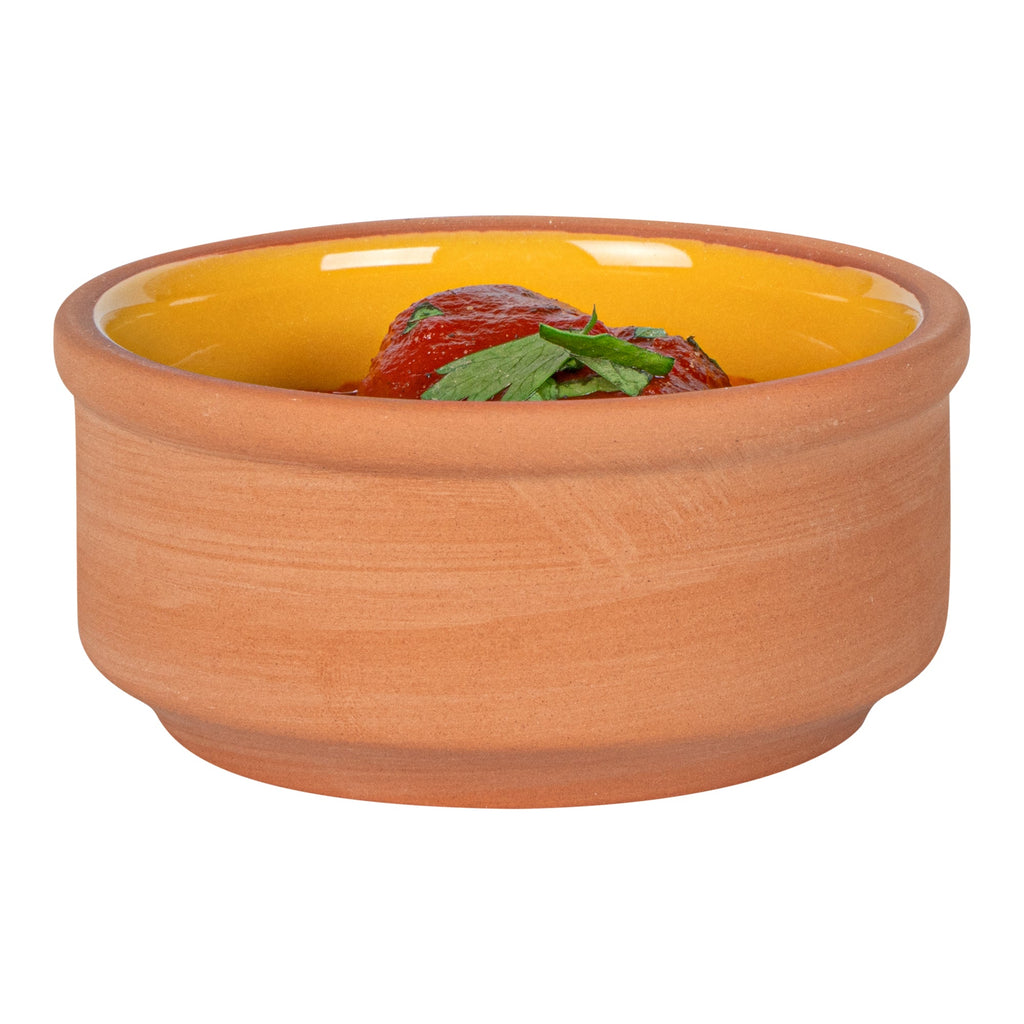 Terra Tek 3 oz Terracotta Cazuela Bowl - Yellow Glazed Interior, Oven-Safe, Microwave-Safe - 3 1/4'' x 3 1/4'' x 1 1/2'' - 10 count box
