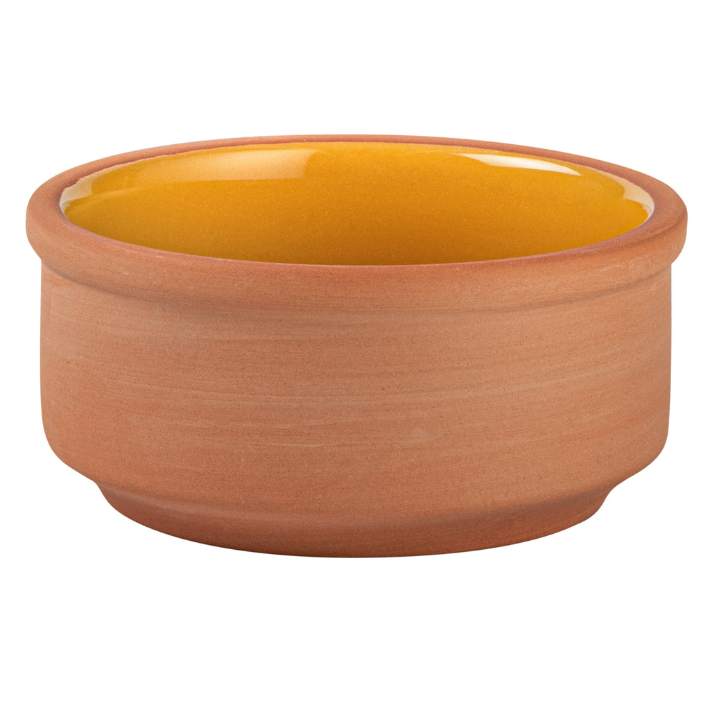 Terra Tek 3 oz Terracotta Cazuela Bowl - Yellow Glazed Interior, Oven-Safe, Microwave-Safe - 3 1/4'' x 3 1/4'' x 1 1/2'' - 10 count box