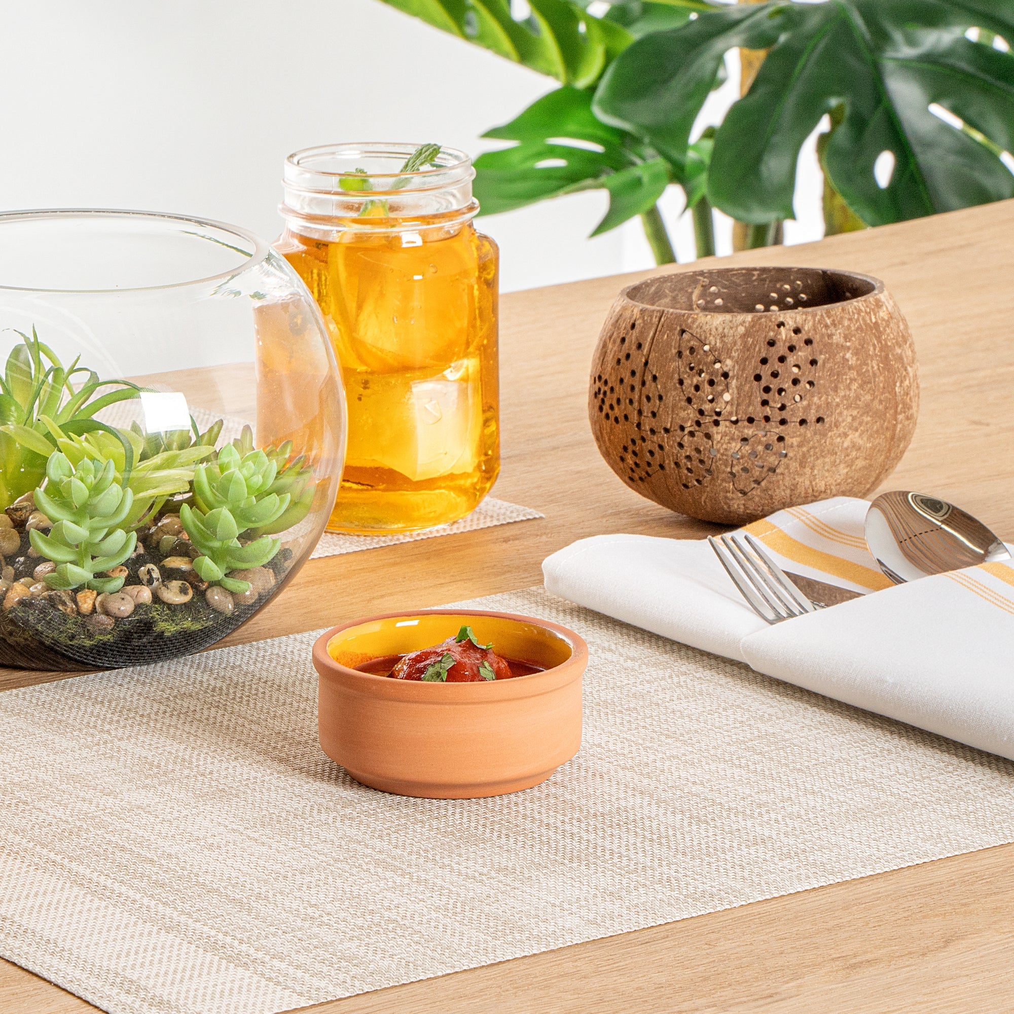 Terra Tek 3 oz Terracotta Cazuela Bowl - Yellow Glazed Interior, Oven-Safe, Microwave-Safe - 3 1/4'' x 3 1/4'' x 1 1/2'' - 10 count box