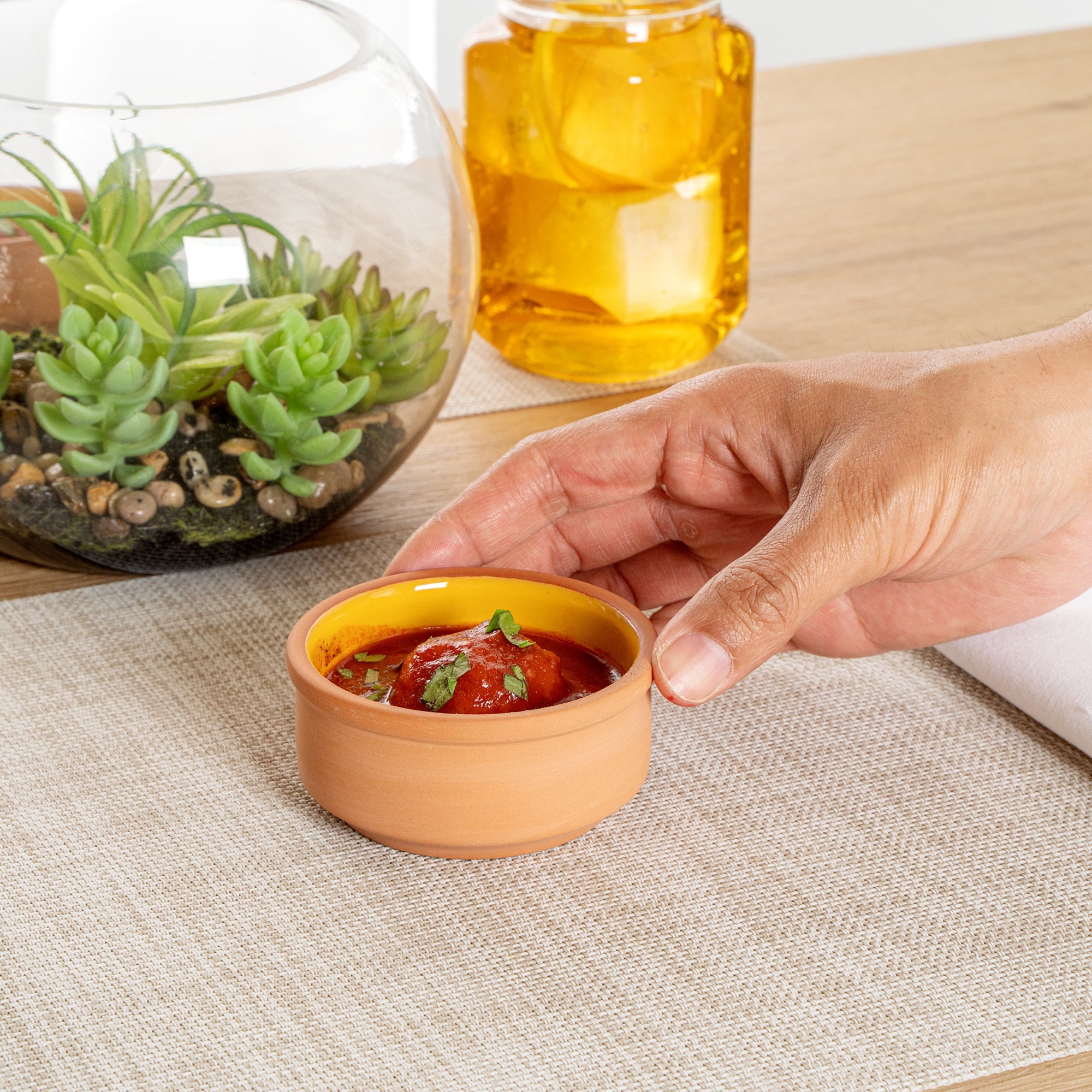 Terra Tek 3 oz Terracotta Cazuela Bowl - Yellow Glazed Interior, Oven-Safe, Microwave-Safe - 3 1/4'' x 3 1/4'' x 1 1/2'' - 10 count box