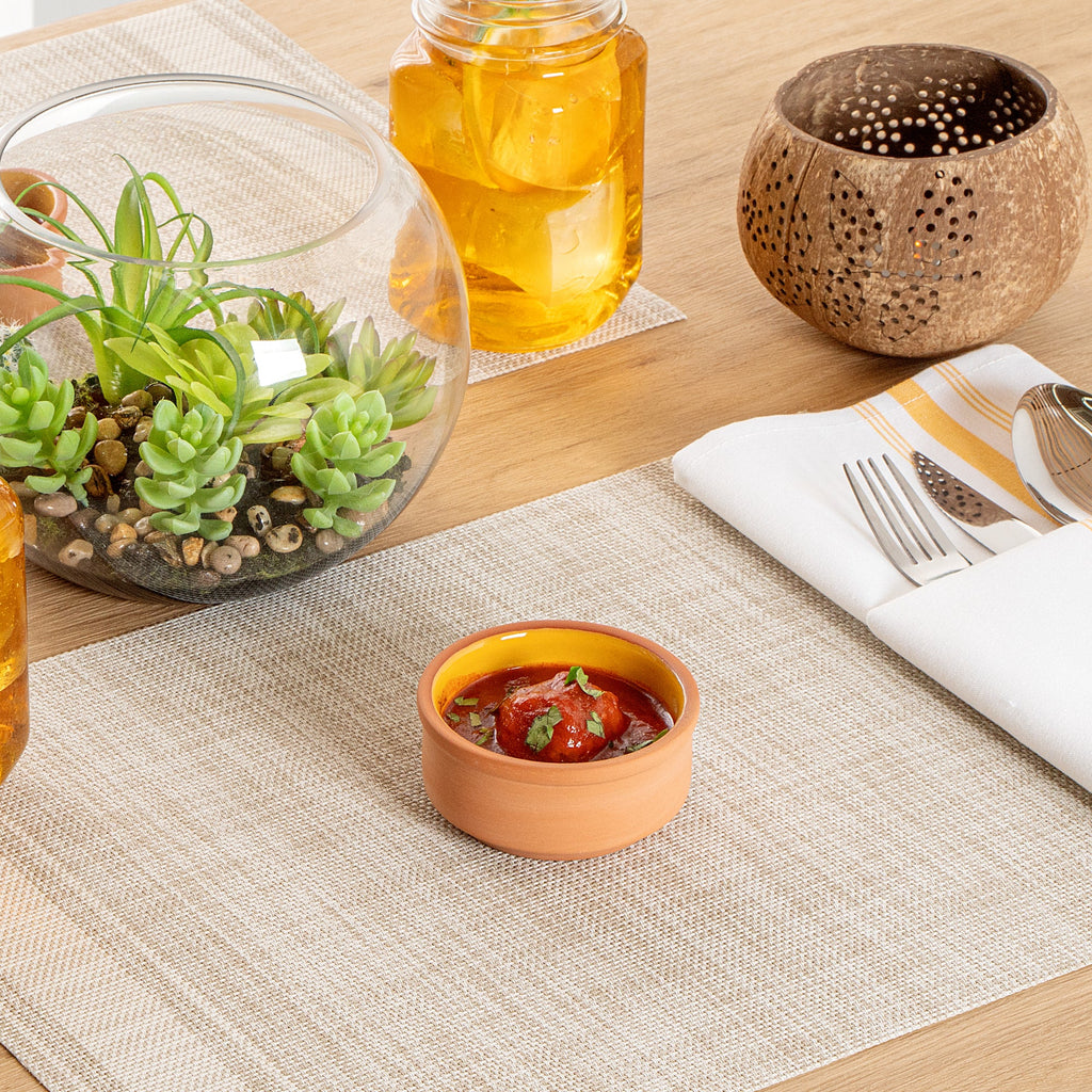 Terra Tek 3 oz Terracotta Cazuela Bowl - Yellow Glazed Interior, Oven-Safe, Microwave-Safe - 3 1/4'' x 3 1/4'' x 1 1/2'' - 10 count box
