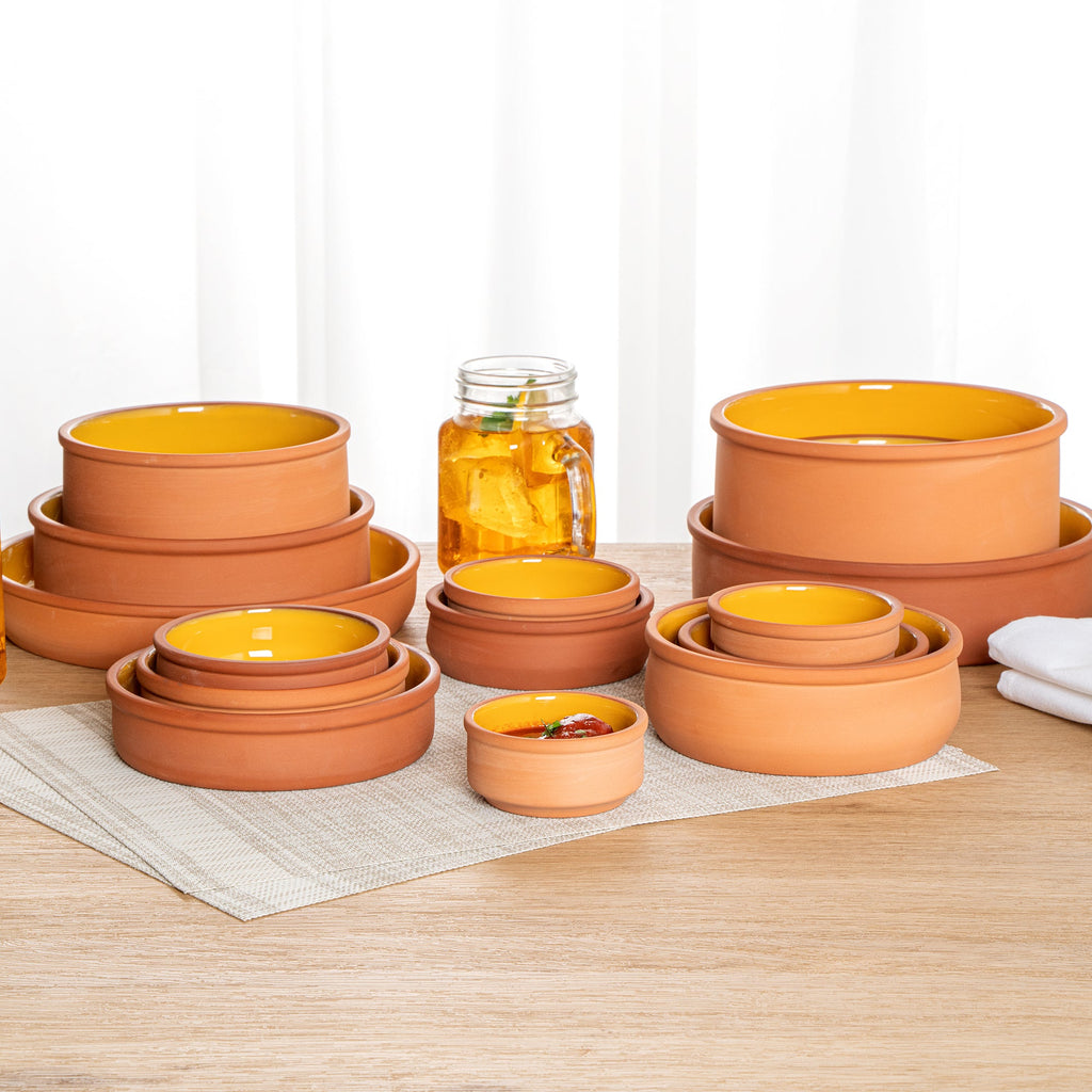 Terra Tek 3 oz Terracotta Cazuela Bowl - Yellow Glazed Interior, Oven-Safe, Microwave-Safe - 3 1/4'' x 3 1/4'' x 1 1/2'' - 10 count box