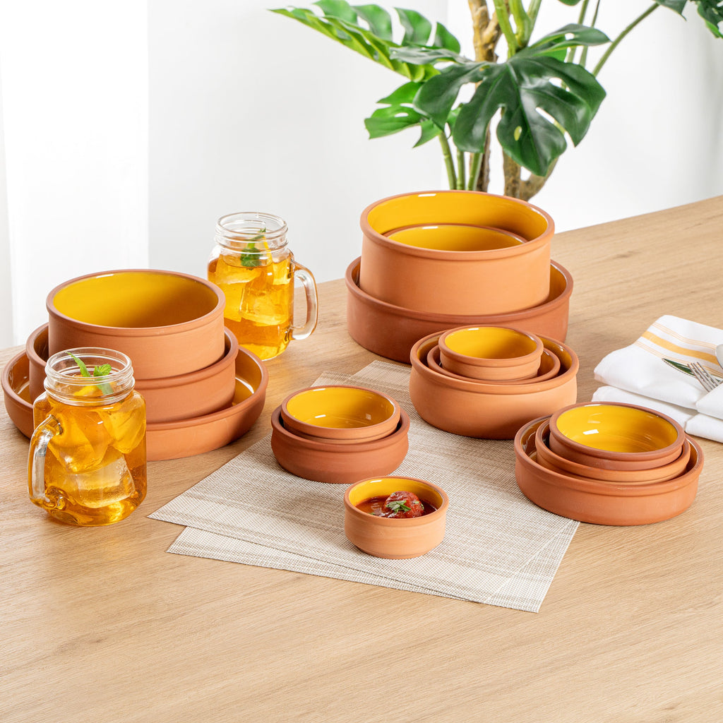Terra Tek 3 oz Terracotta Cazuela Bowl - Yellow Glazed Interior, Oven-Safe, Microwave-Safe - 3 1/4'' x 3 1/4'' x 1 1/2'' - 10 count box