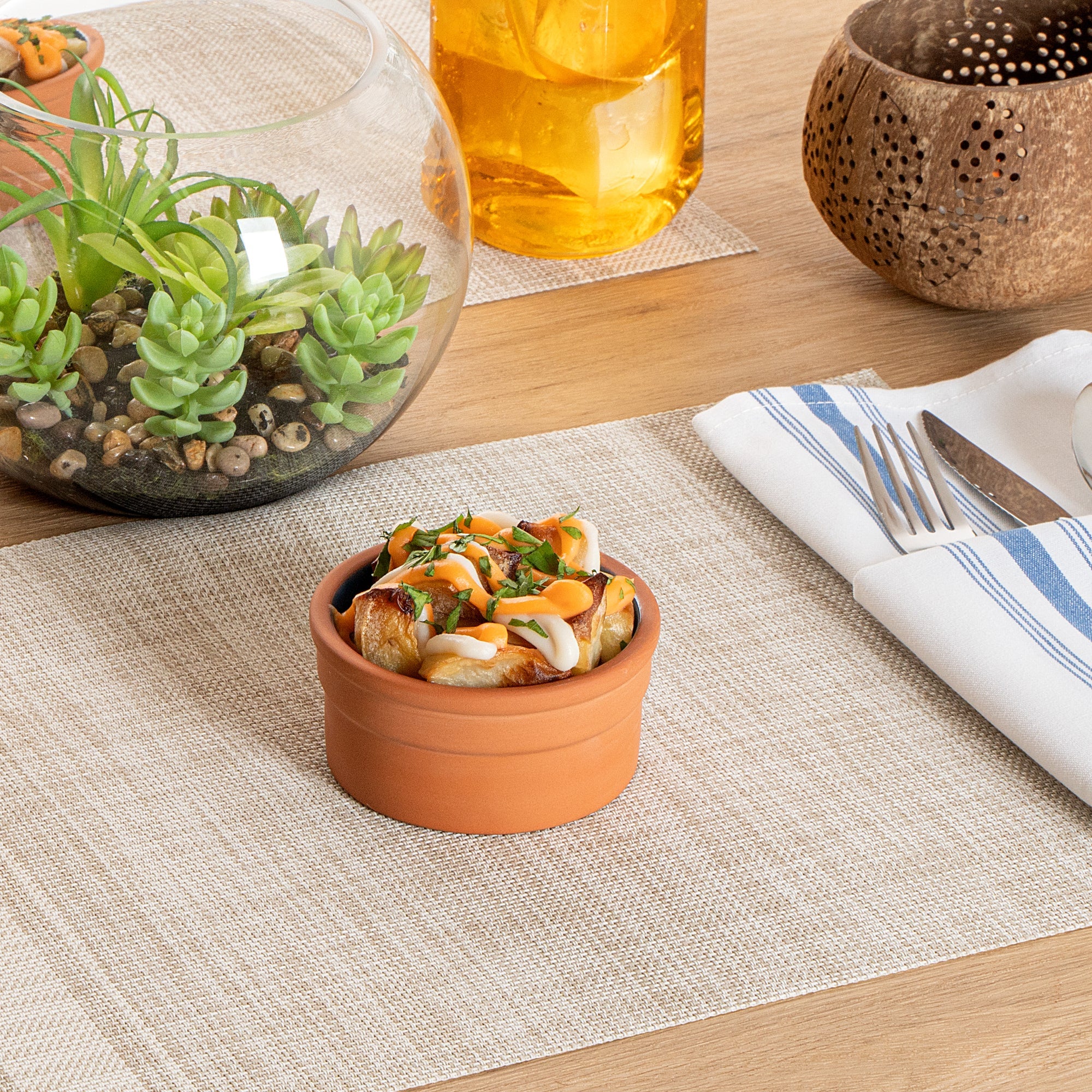 Terra Tek 5 oz Terracotta Cazuela Bowl - Blue Glazed Interior, Oven-Safe, Microwave-Safe - 3 3/4" x 3 3/4" x 1 3/4" - 2 count box
