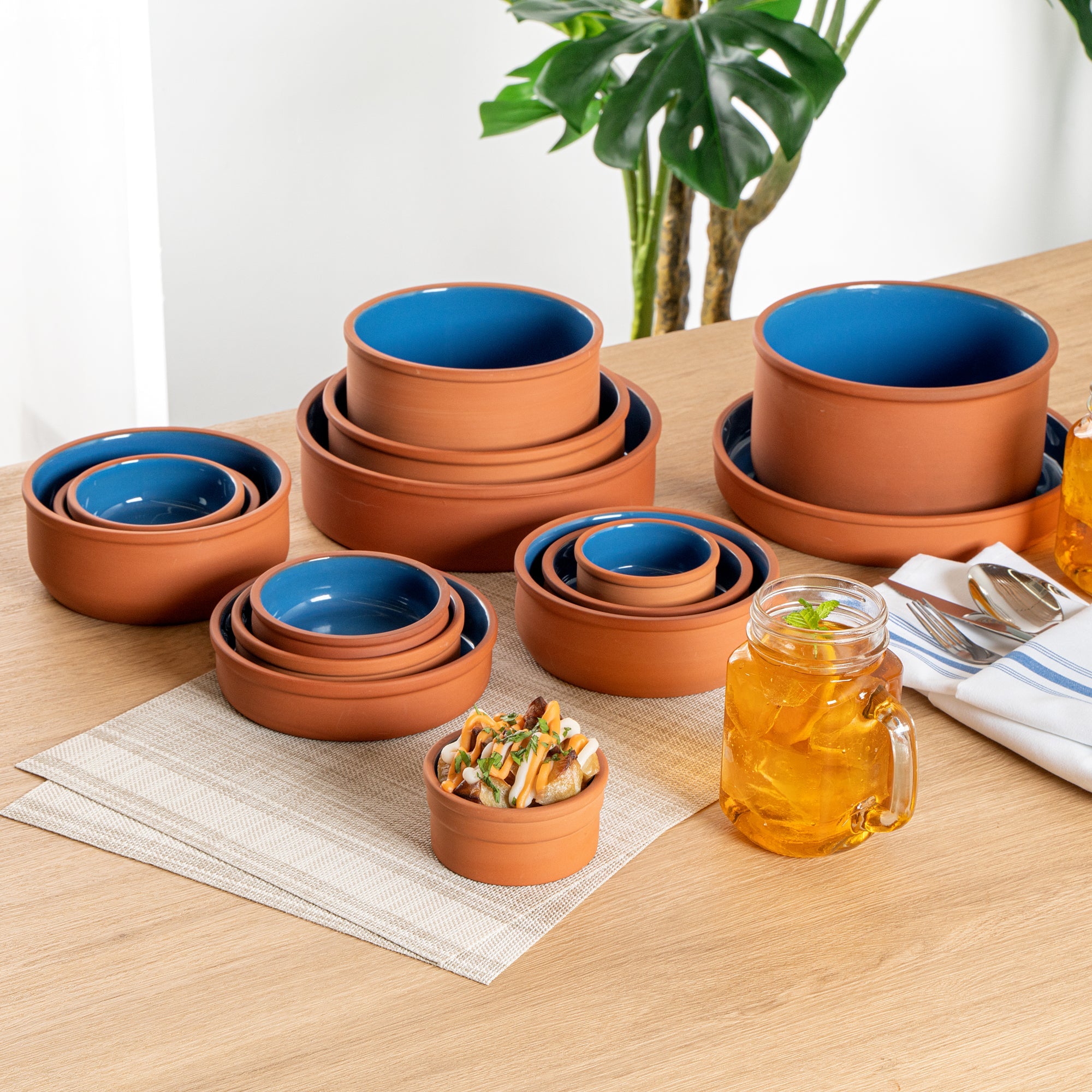 Terra Tek 5 oz Terracotta Cazuela Bowl - Blue Glazed Interior, Oven-Safe, Microwave-Safe - 3 3/4" x 3 3/4" x 1 3/4" - 2 count box