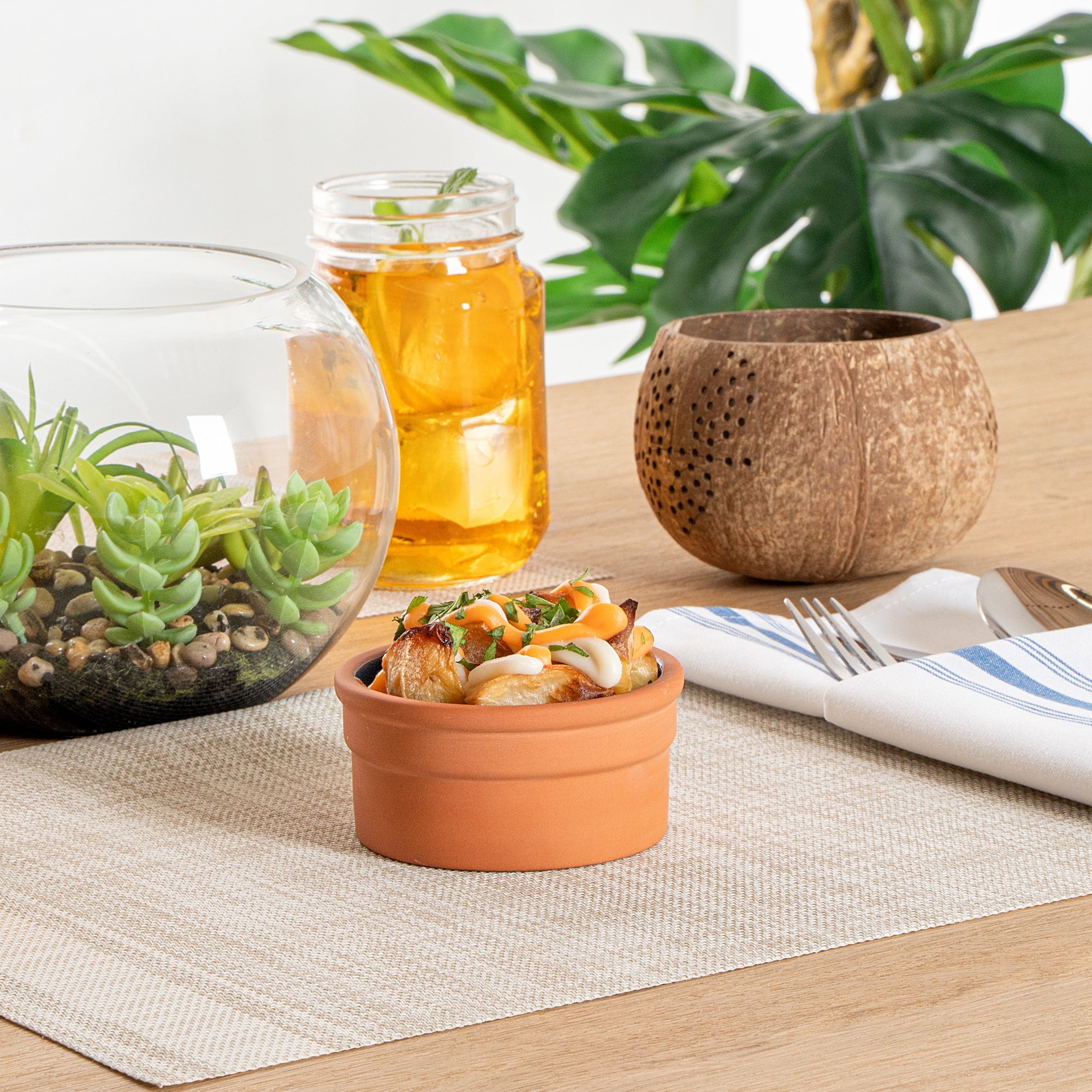 Terra Tek 5 oz Terracotta Cazuela Bowl - Blue Glazed Interior, Oven-Safe, Microwave-Safe - 3 3/4" x 3 3/4" x 1 3/4" - 10 count box