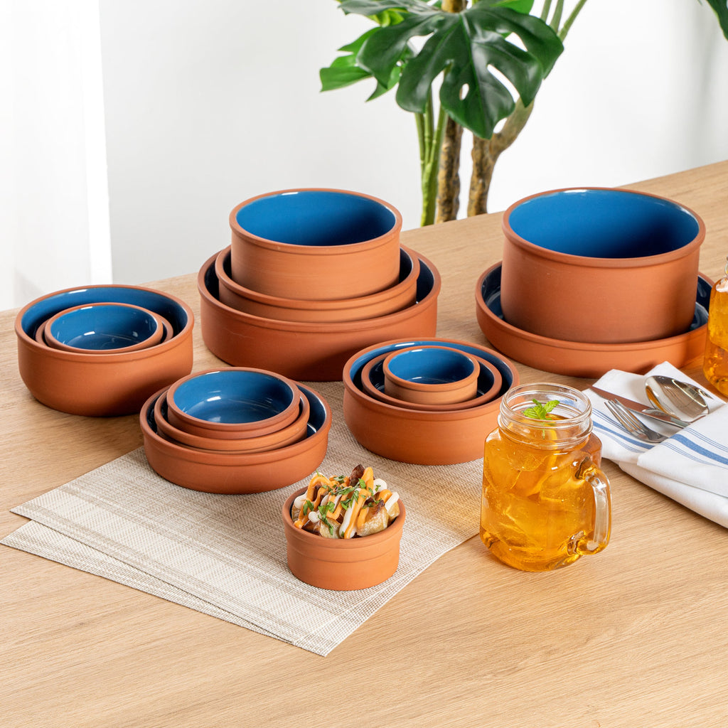 Terra Tek 5 oz Terracotta Cazuela Bowl - Blue Glazed Interior, Oven-Safe, Microwave-Safe - 3 3/4" x 3 3/4" x 1 3/4" - 10 count box