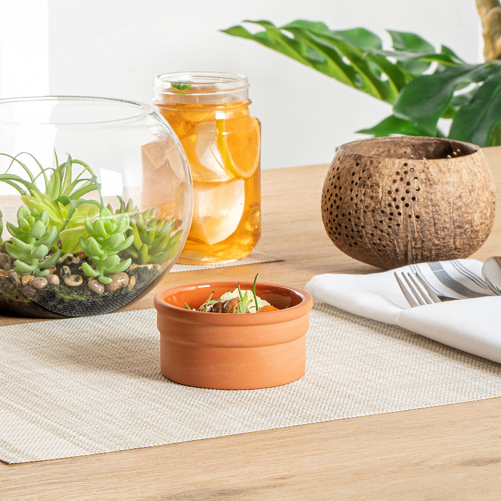 Terra Tek 5 oz Terracotta Cazuela Bowl - Brown Glazed Interior, Oven-Safe, Microwave-Safe - 3 3/4" x 3 3/4" x 1 3/4" - 2 count box