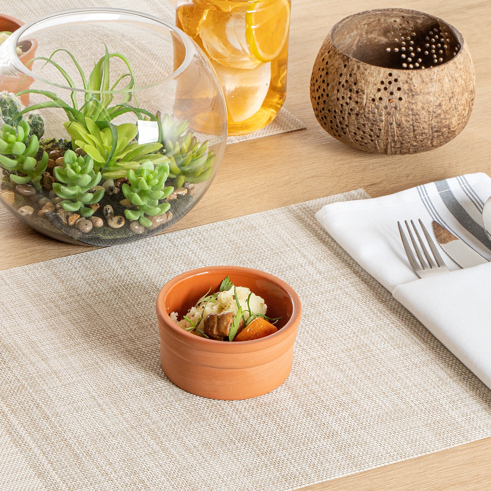 Terra Tek 5 oz Terracotta Cazuela Bowl - Brown Glazed Interior, Oven-Safe, Microwave-Safe - 3 3/4" x 3 3/4" x 1 3/4" - 10 count box