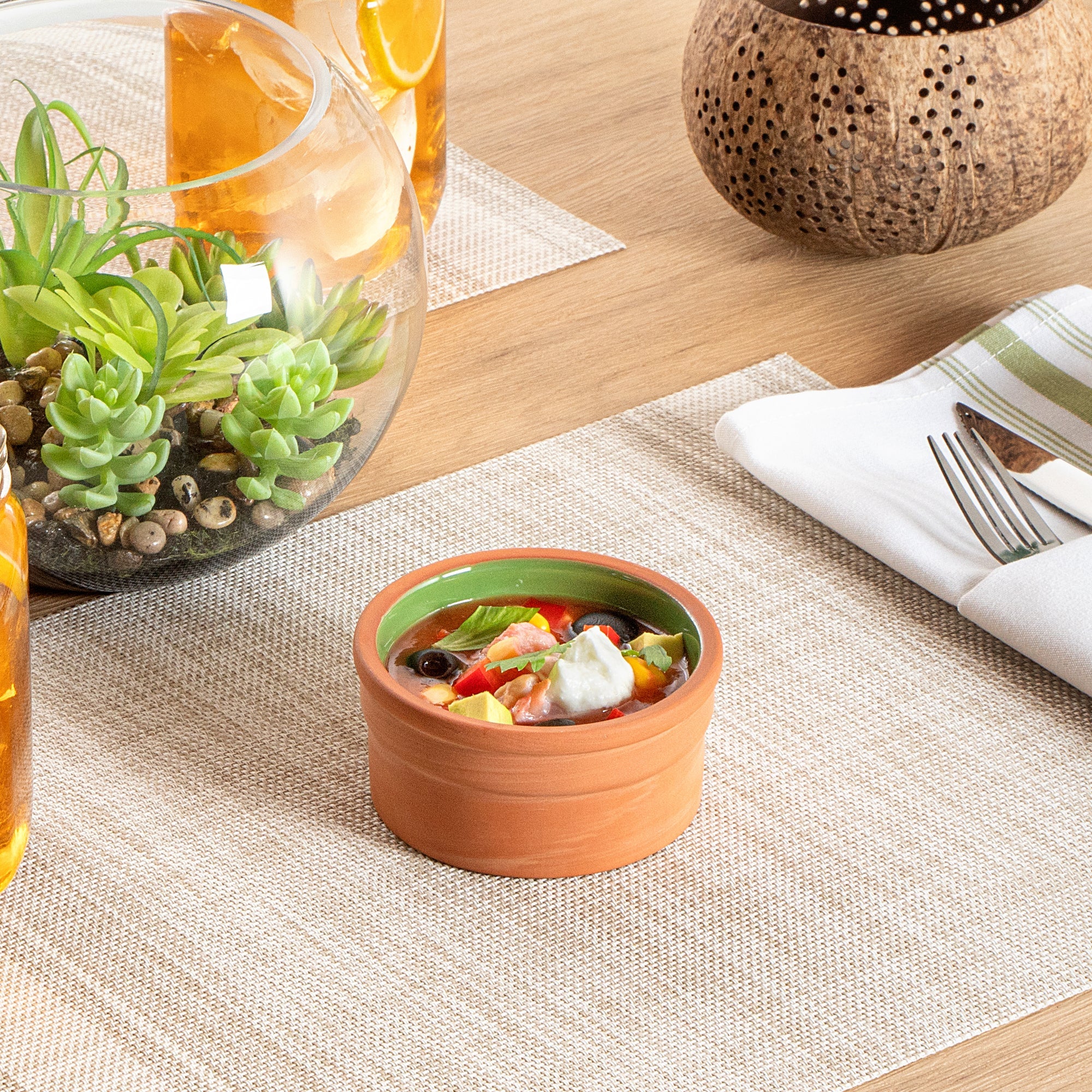 Terra Tek 5 oz Terracotta Cazuela Bowl - Green Glazed Interior, Oven-Safe, Microwave-Safe - 3 3/4" x 3 3/4" x 1 3/4" - 2 count box