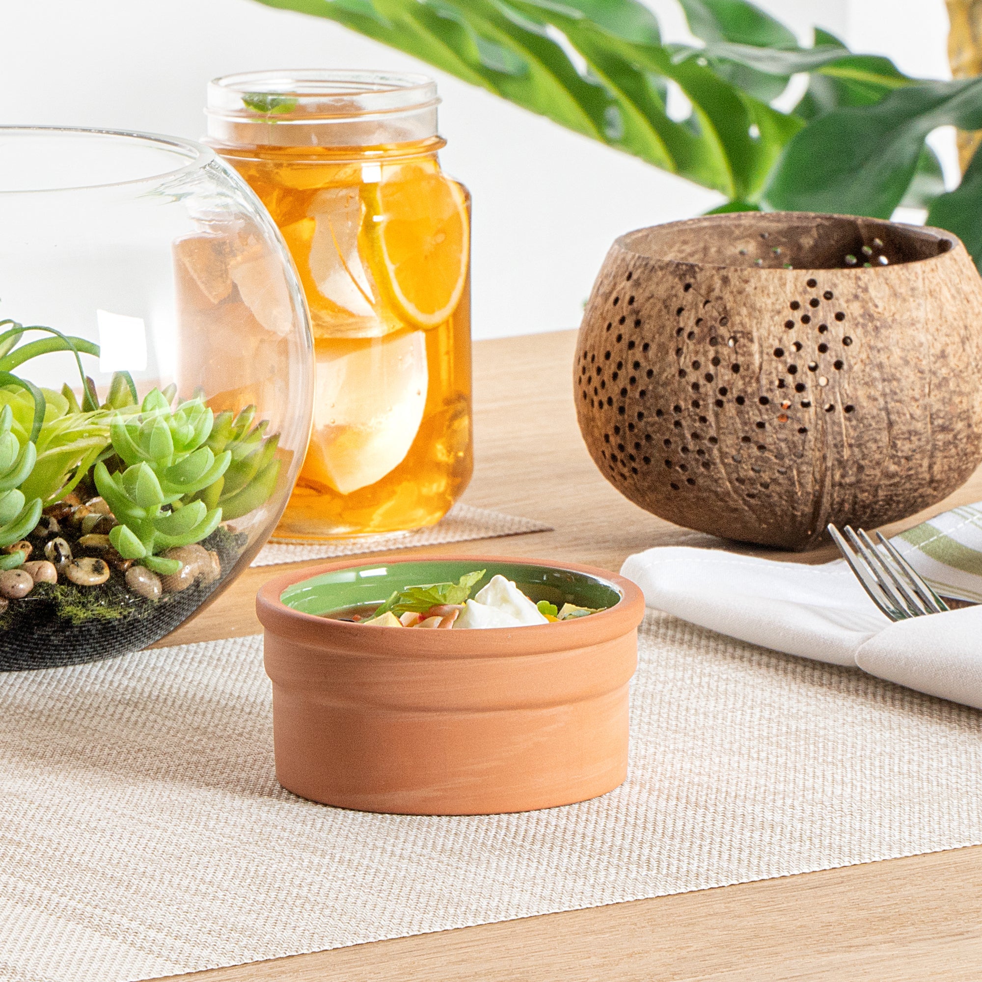 Terra Tek 5 oz Terracotta Cazuela Bowl - Green Glazed Interior, Oven-Safe, Microwave-Safe - 3 3/4" x 3 3/4" x 1 3/4" - 10 count box