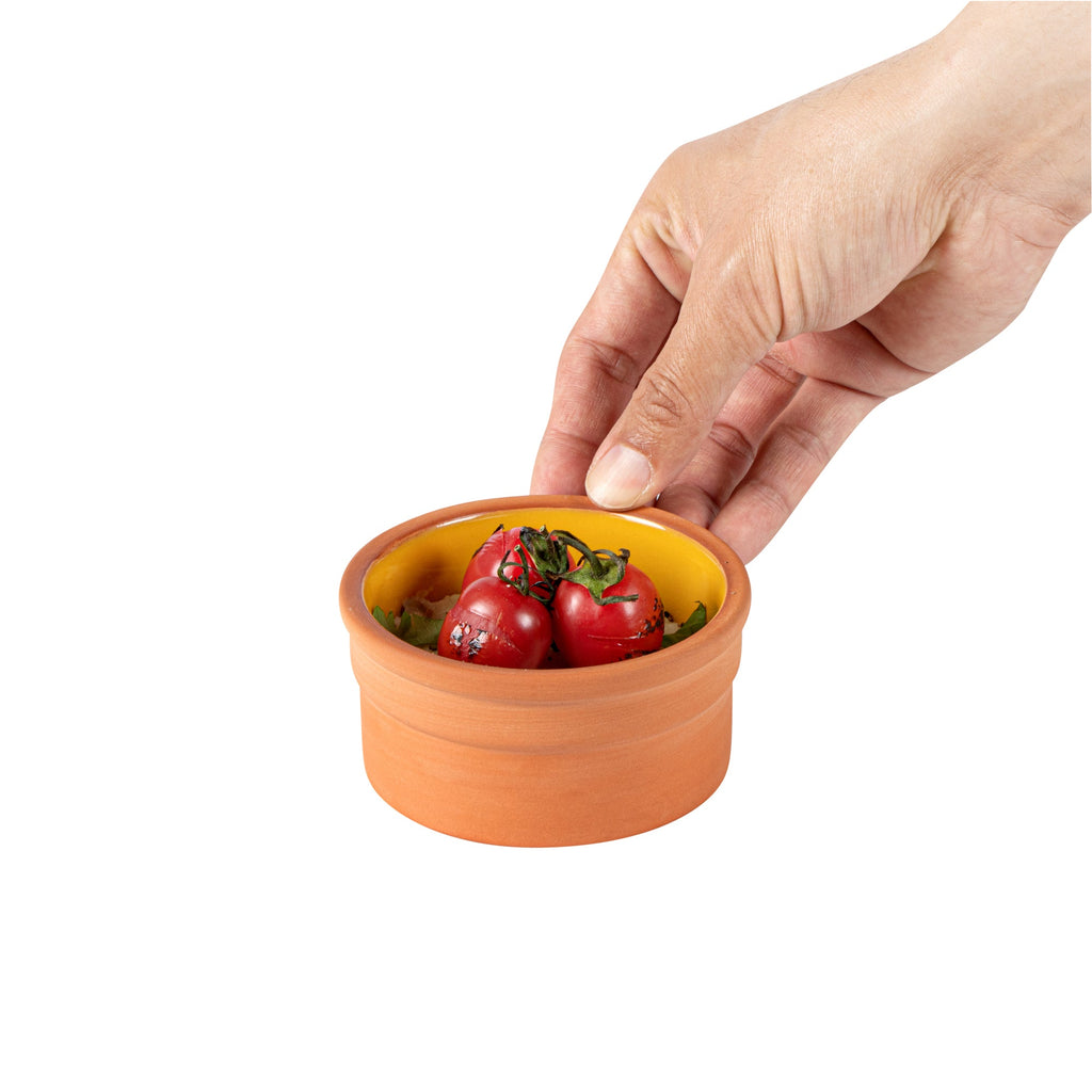 Terra Tek 5 oz Terracotta Cazuela Bowl - Yellow Glazed Interior, Oven-Safe, Microwave-Safe - 3 3/4" x 3 3/4" x 1 3/4" - 2 count box