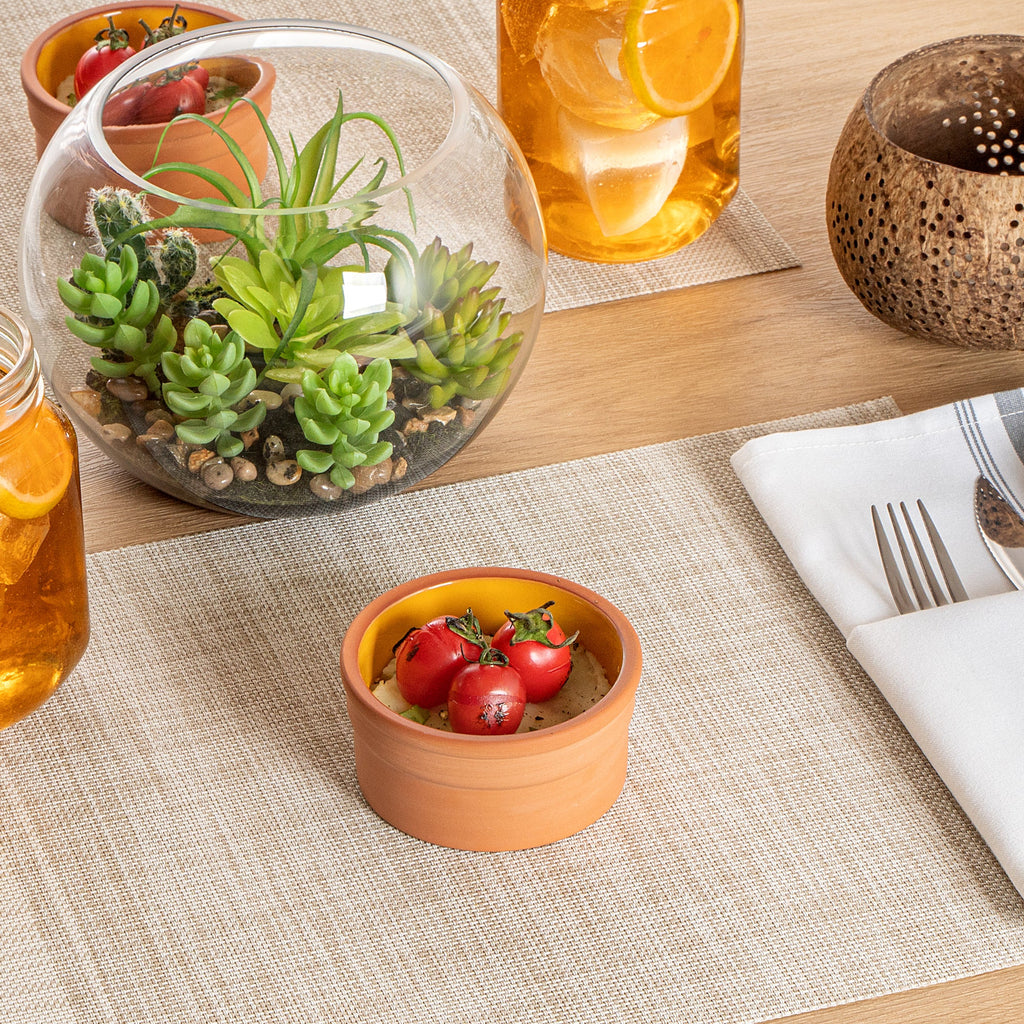 Terra Tek 5 oz Terracotta Cazuela Bowl - Yellow Glazed Interior, Oven-Safe, Microwave-Safe - 3 3/4" x 3 3/4" x 1 3/4" - 2 count box