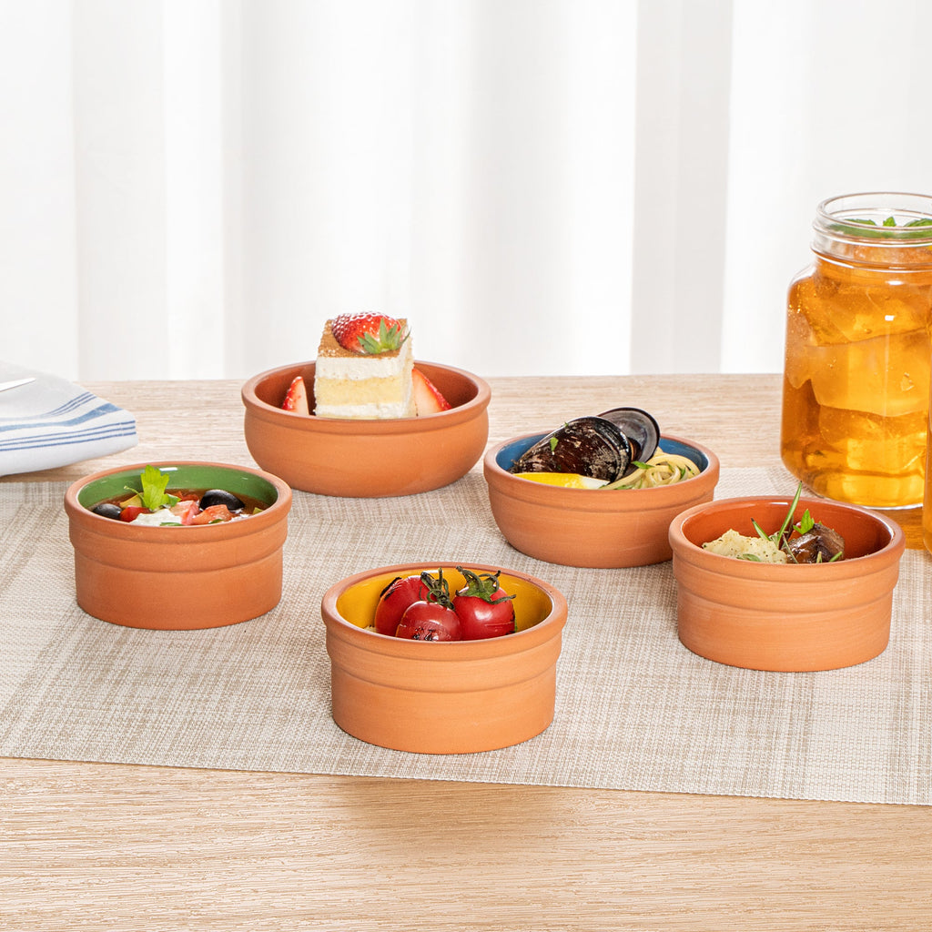 Terra Tek 5 oz Terracotta Cazuela Bowl - Yellow Glazed Interior, Oven-Safe, Microwave-Safe - 3 3/4" x 3 3/4" x 1 3/4" - 2 count box