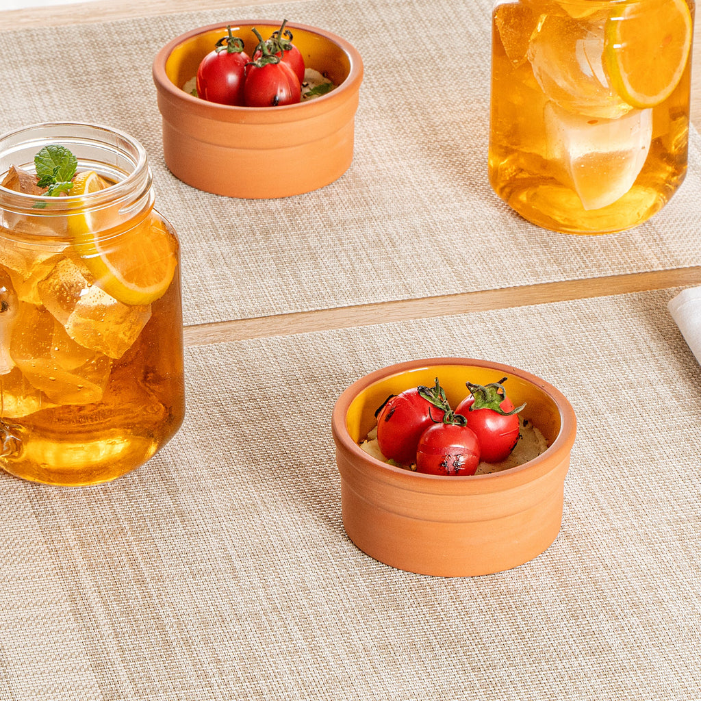 Terra Tek 5 oz Terracotta Cazuela Bowl - Yellow Glazed Interior, Oven-Safe, Microwave-Safe - 3 3/4" x 3 3/4" x 1 3/4" - 10 count box