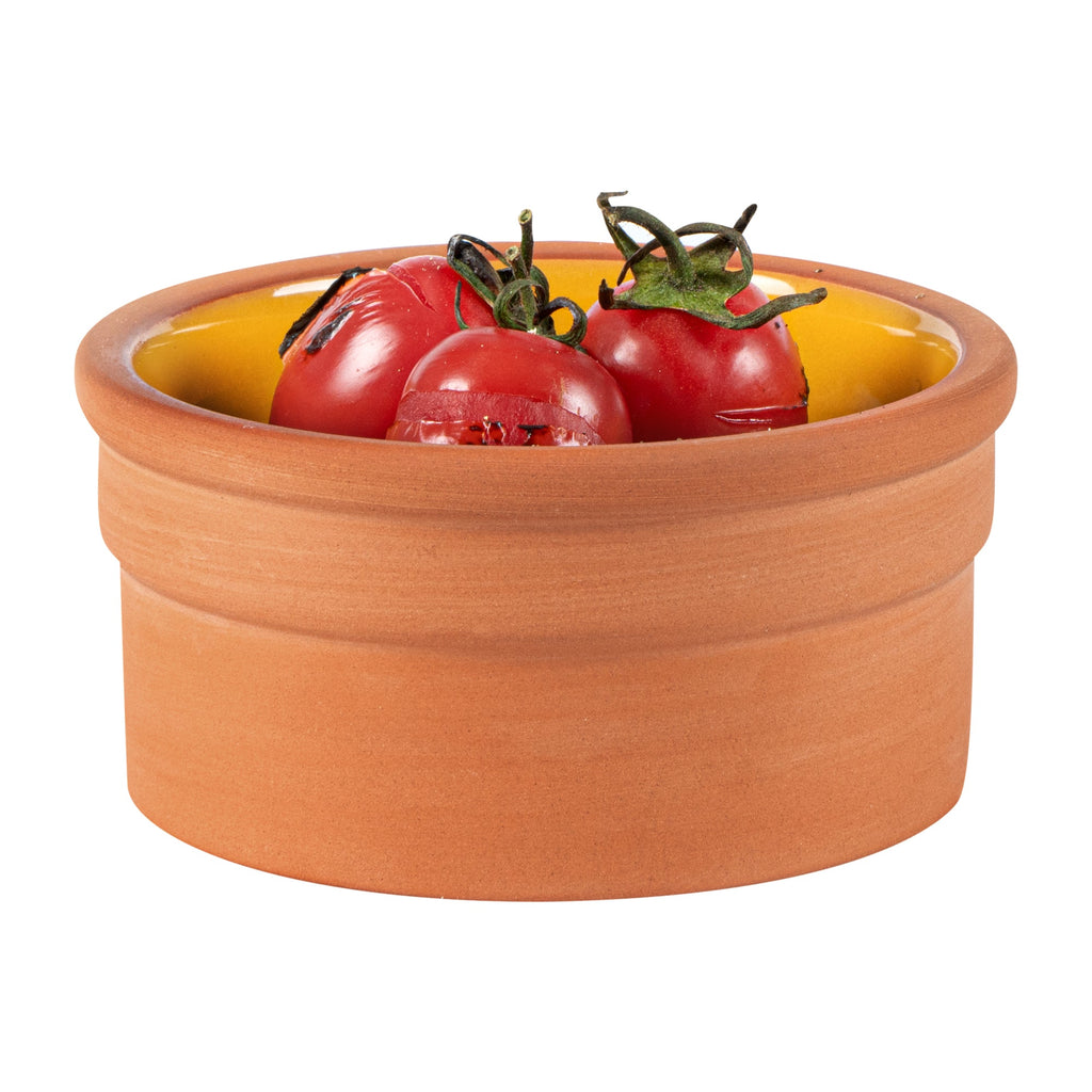 Terra Tek 5 oz Terracotta Cazuela Bowl - Yellow Glazed Interior, Oven-Safe, Microwave-Safe - 3 3/4" x 3 3/4" x 1 3/4" - 10 count box
